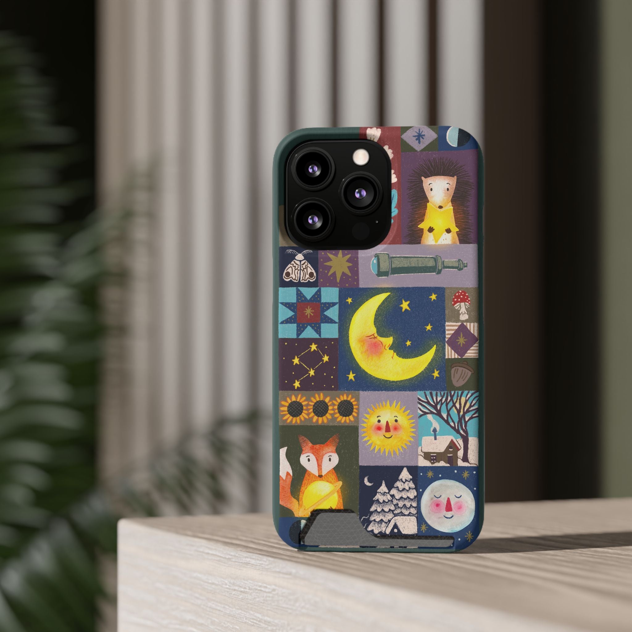 Magical Celestial Patchwork Phone Card Case - Cute Forest Animals Design, Perfect Gift for Nature Lovers, Kids & Adults, Ideal for Birthdays