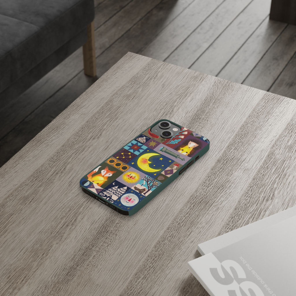 Celestial Quilt iPhone Case, Folk Art Moon Sun Fox Case, Nature Patchwork Cover, Cute Stellar Design, iPhone 7 8 X XR XS 11 12 13 14 15 16