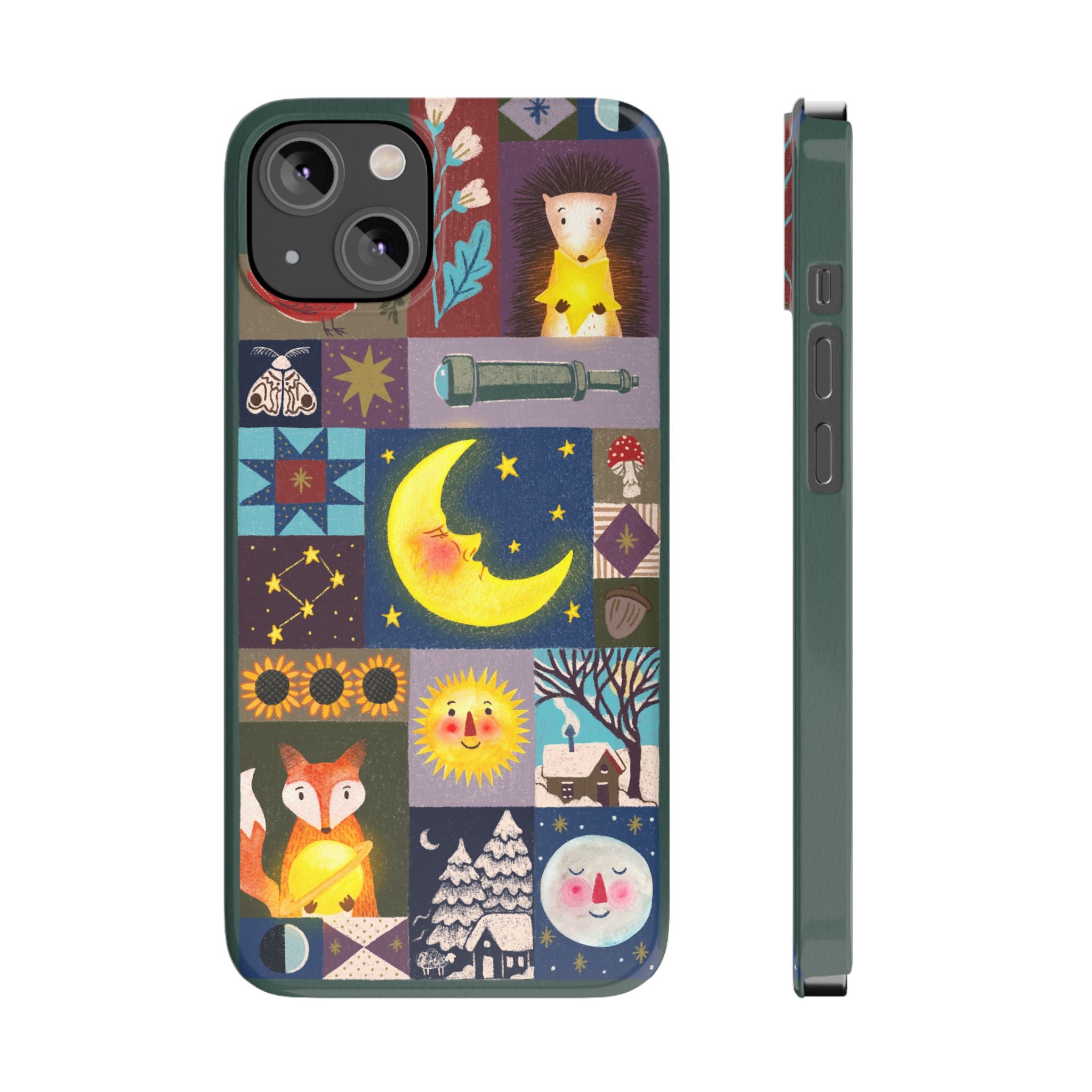 Celestial Quilt iPhone Case, Folk Art Moon Sun Fox Case, Nature Patchwork Cover, Cute Stellar Design, iPhone 7 8 X XR XS 11 12 13 14 15 16