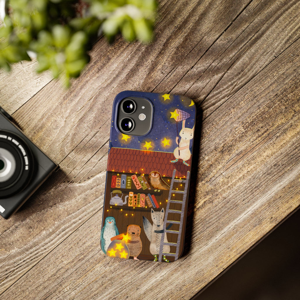 Starlit Library Phone Case, Woodland Animals iPhone Case, Cozy Night Scene Cover, Cute Animals Case Gift, iPhone 7 8 X XR 11 12 13 14 15 16