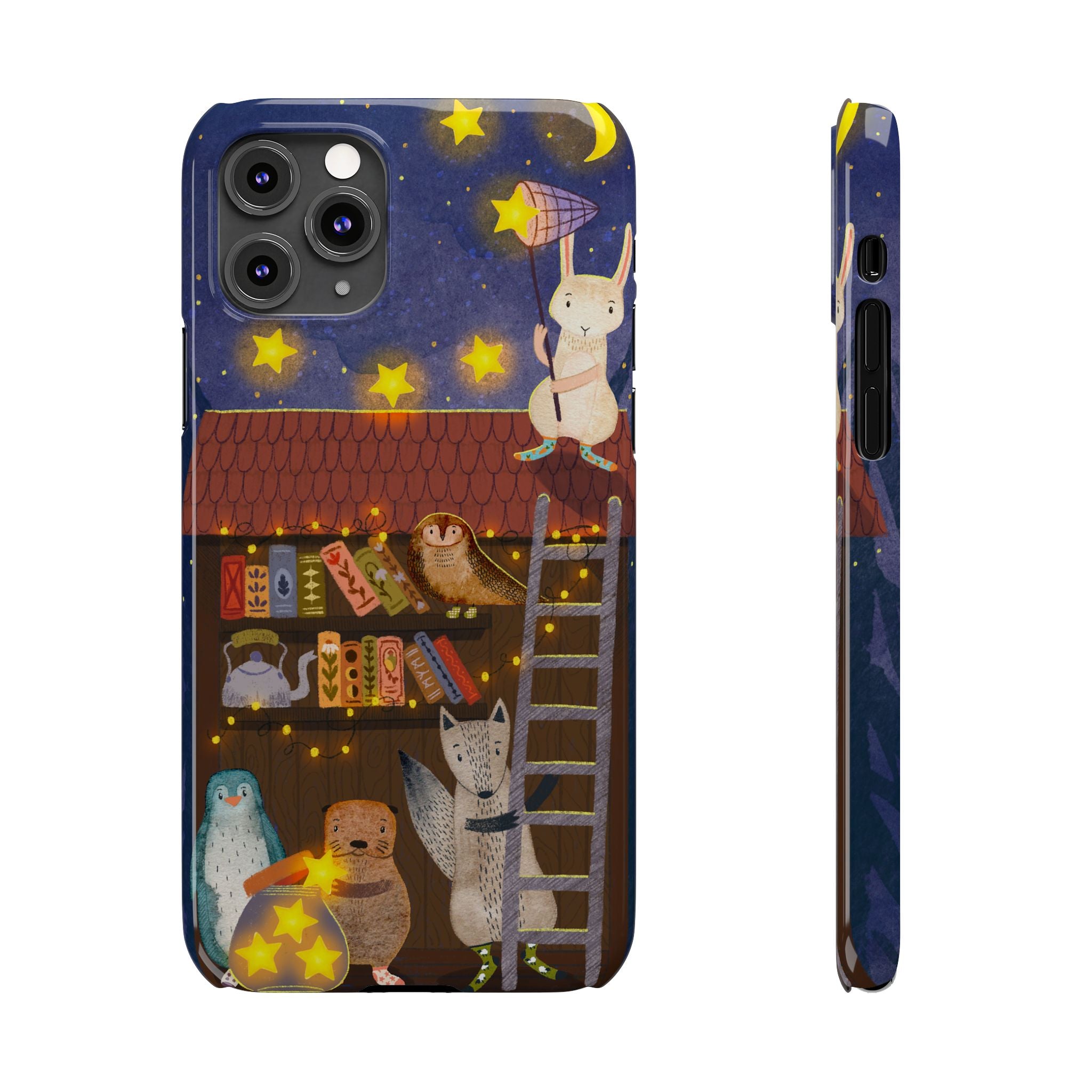 Starlit Library Phone Case, Woodland Animals iPhone Case, Cozy Night Scene Cover, Cute Animals Case Gift, iPhone 7 8 X XR 11 12 13 14 15 16