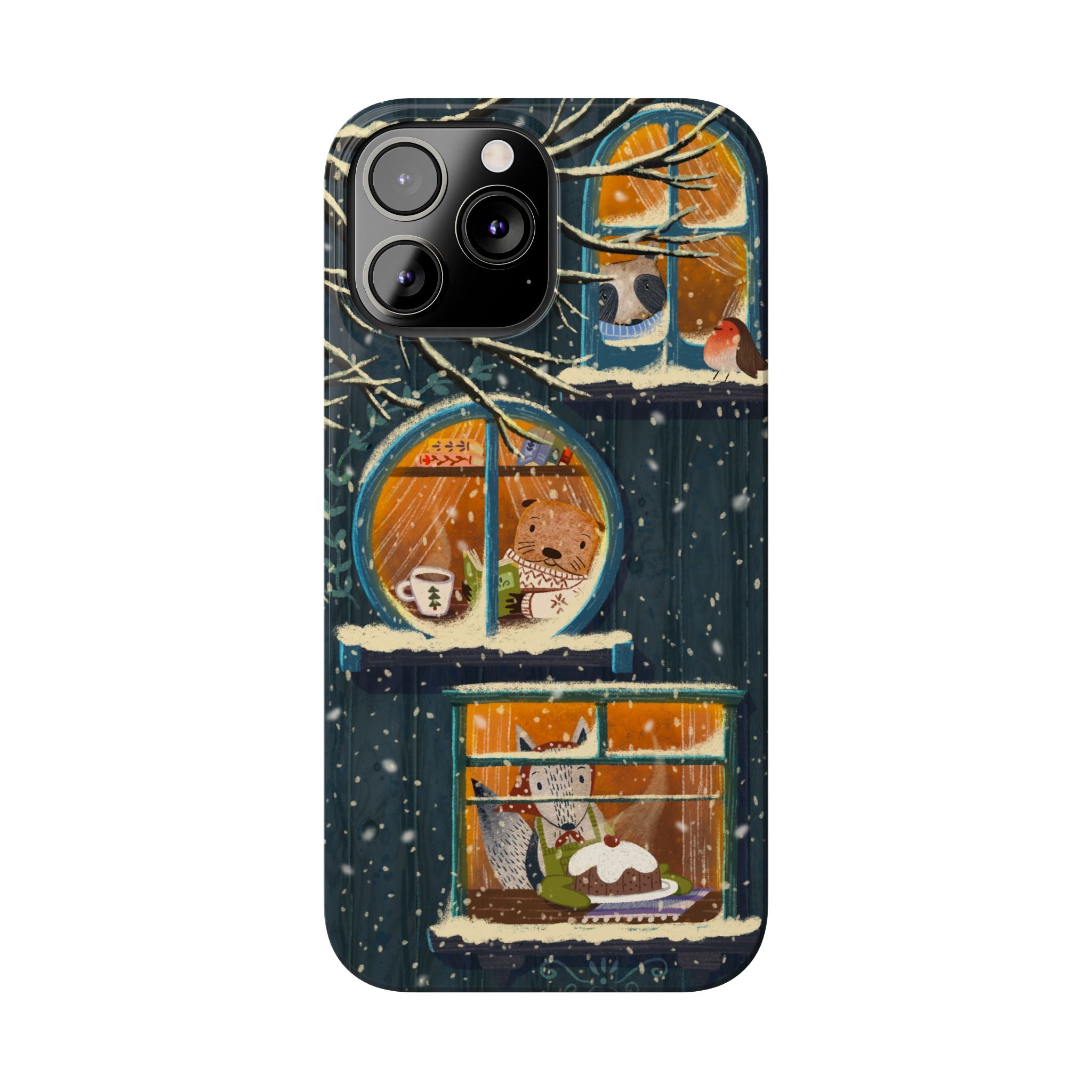 Cute Winter Animals Cozy Home iPhone Case, Woodland Cottage Cover, Treehouse at Night, Raccoon Bear Fox, iPhone 16 15 14 13 12 11 X XR 8 7