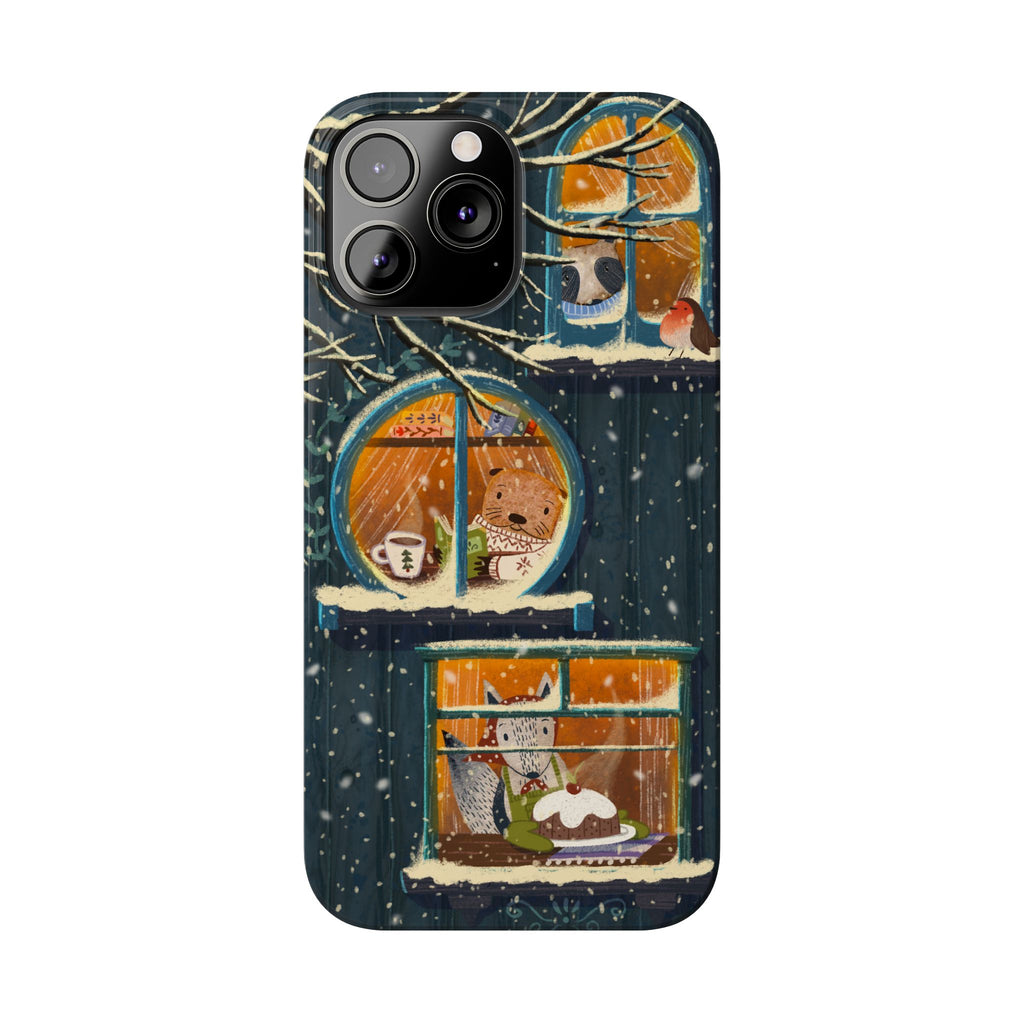 Cute Winter Animals Cozy Home iPhone Case, Woodland Cottage Cover, Treehouse at Night, Raccoon Bear Fox, iPhone 16 15 14 13 12 11 X XR 8 7