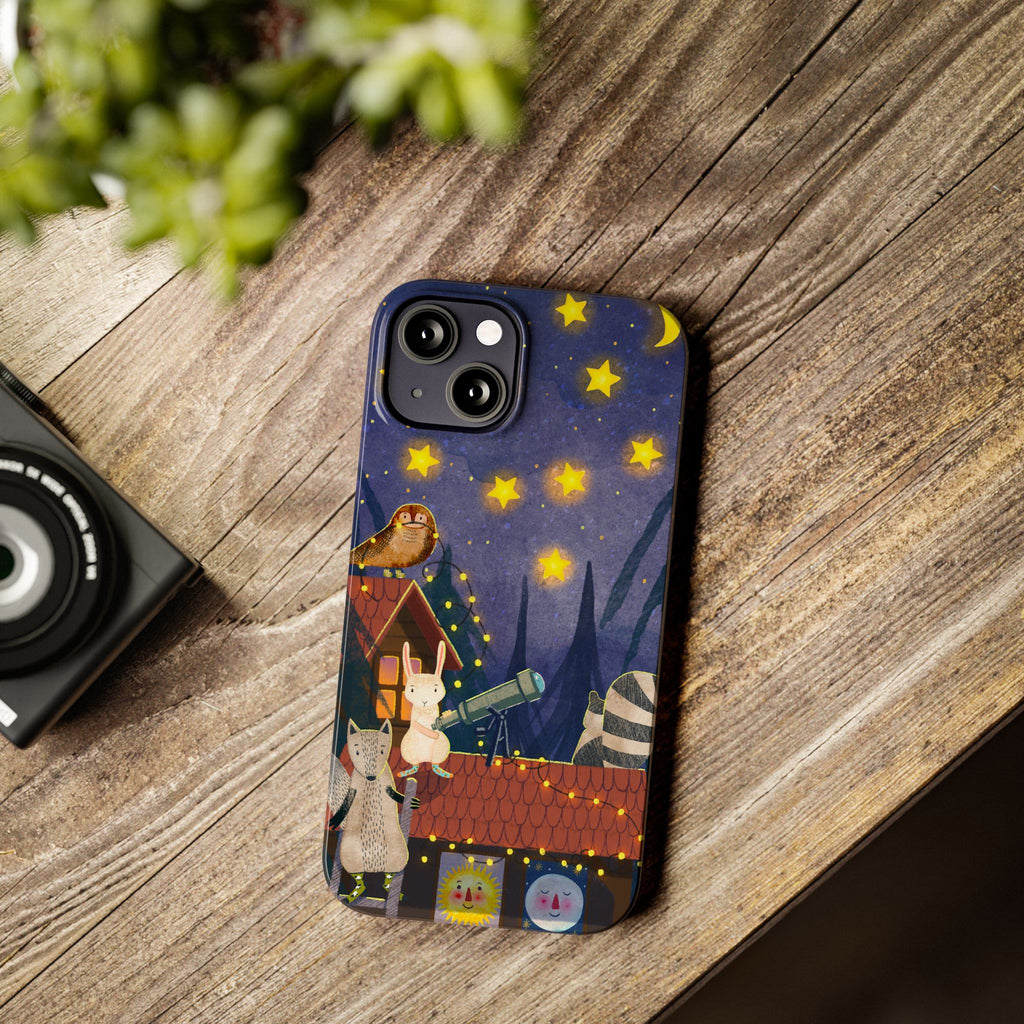 Stargazing Animals Slim iPhone Case, Night Sky Observatory Cover, Cute Forest Gift, Starry Night Gift, iPhone 16 15 14 13 12 11 X XR XS 8 7