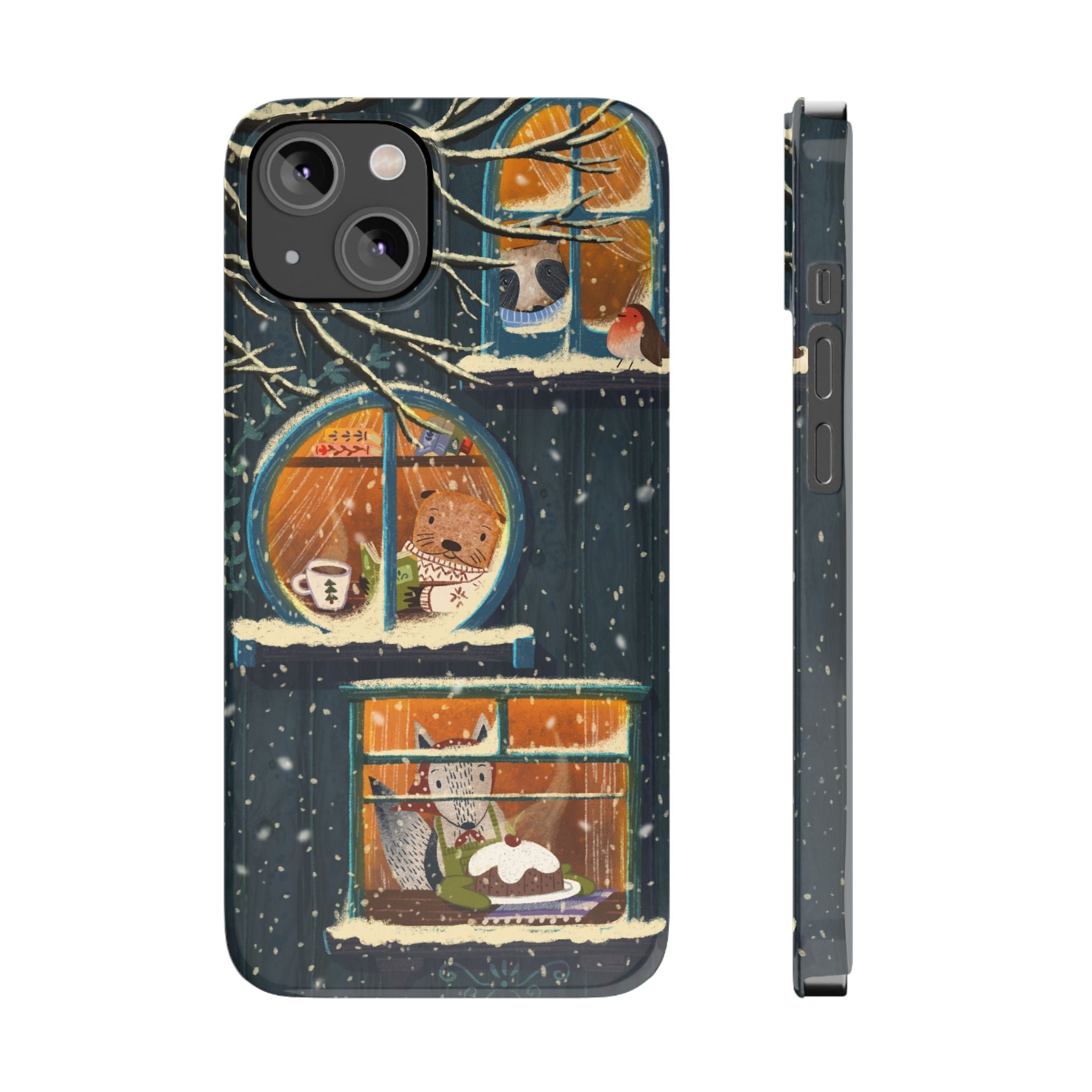 Cute Winter Animals Cozy Home iPhone Case, Woodland Cottage Cover, Treehouse at Night, Raccoon Bear Fox, iPhone 16 15 14 13 12 11 X XR 8 7
