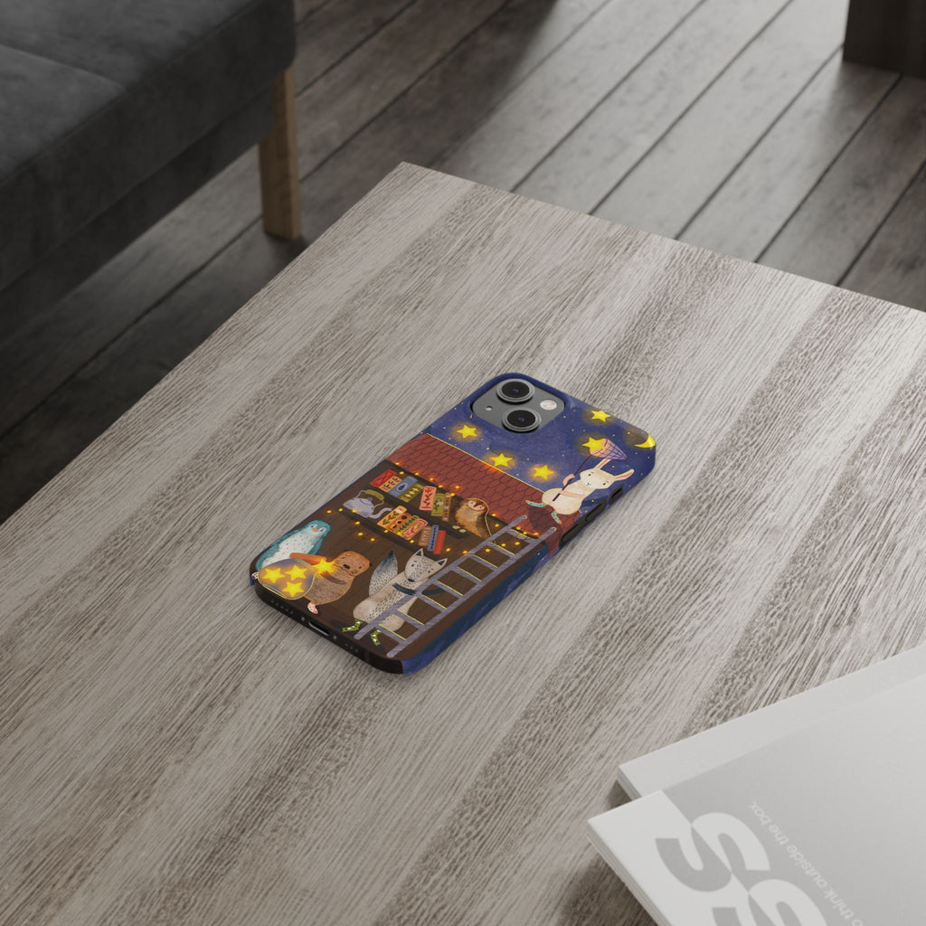 Starlit Library Phone Case, Woodland Animals iPhone Case, Cozy Night Scene Cover, Cute Animals Case Gift, iPhone 7 8 X XR 11 12 13 14 15 16