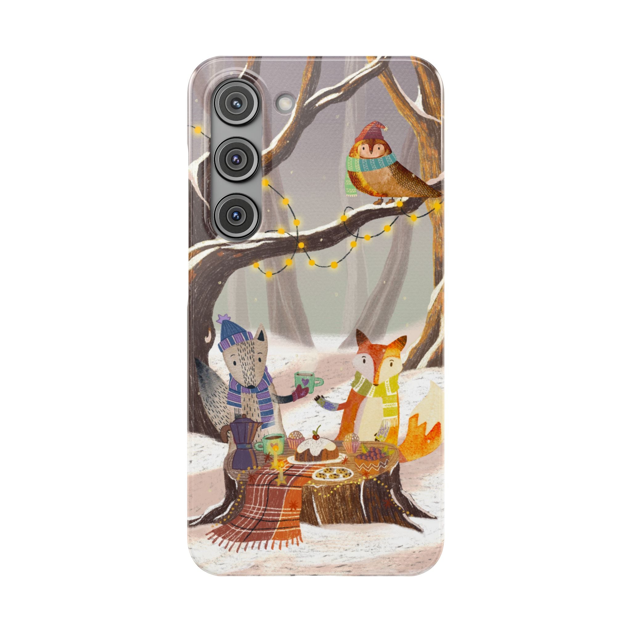 Cozy Winter Animals Slim iPhone Case, Cute Fox & Owl Design, Winter Theme Holiday Gift, Cute Phone Cover Gift, iPhone 16 15 14 13 12 11 X XR