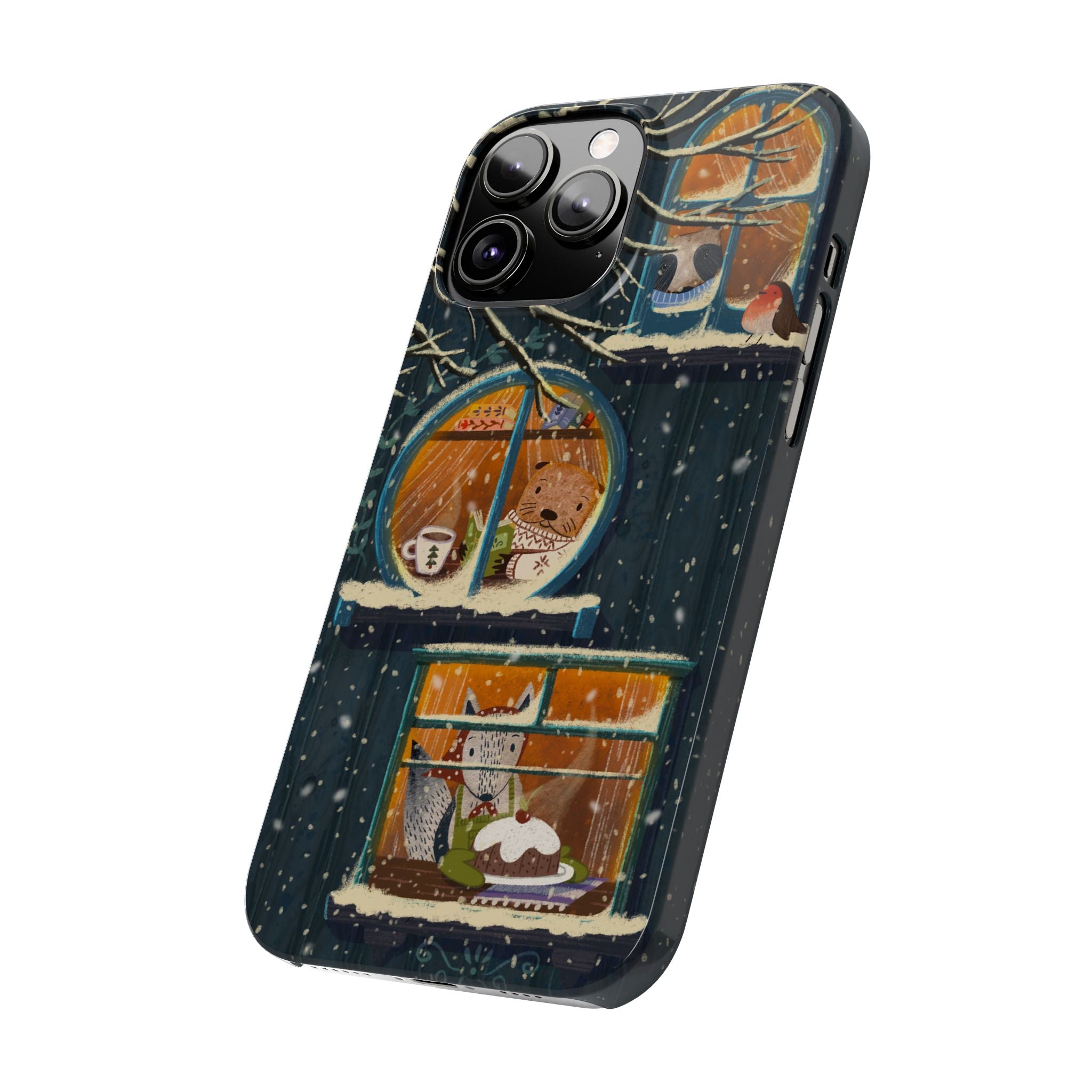 Cute Winter Animals Cozy Home iPhone Case, Woodland Cottage Cover, Treehouse at Night, Raccoon Bear Fox, iPhone 16 15 14 13 12 11 X XR 8 7