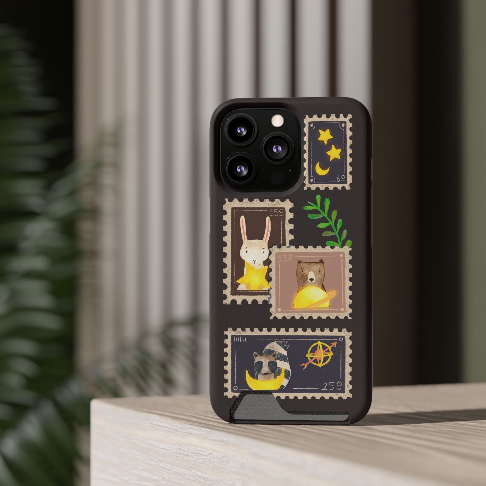 Animal Phone Case with Card Holder - Cute Raccoon, Bear & Bunny Design for iPhone 13 Samsung Galaxy S21/S22 - Pet Lovers Night Sky Style