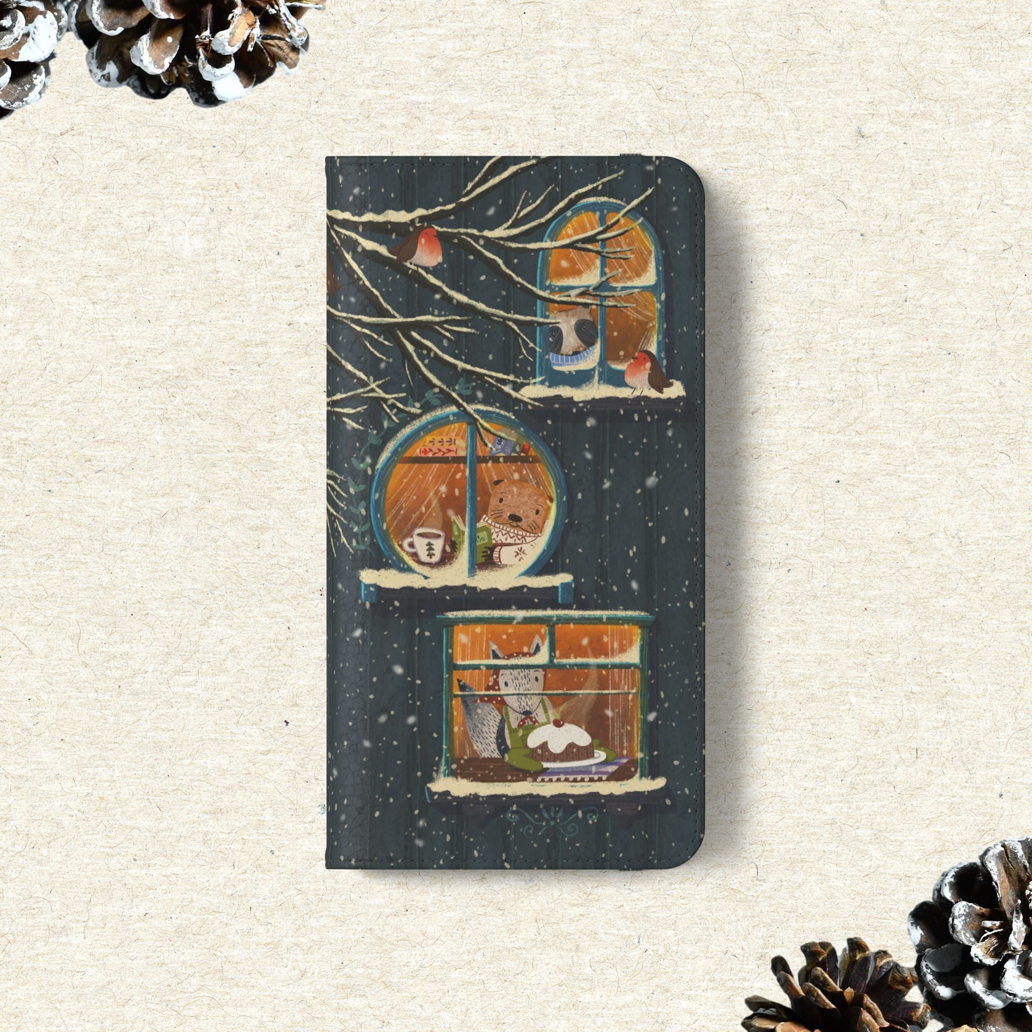 Cozy Winter Cottage Wallet Case, Cute Animals Flip Cover, Vegan Leather, Cozy Vibes, Gift Idea for iPhone 11 12 13 14 15 16, Galaxy S21 S22