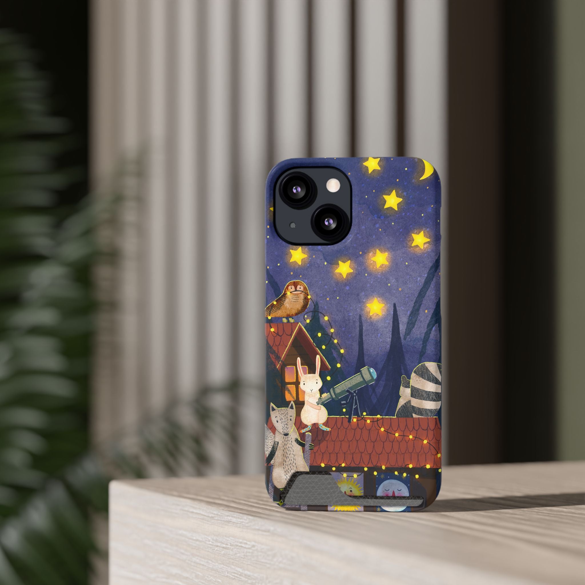 Stargazing Animals Phone Case With Card Holder - Cute Animal Design for Kids, Gift for Urban Explorers, Night Sky Vibes, Fun Accessory