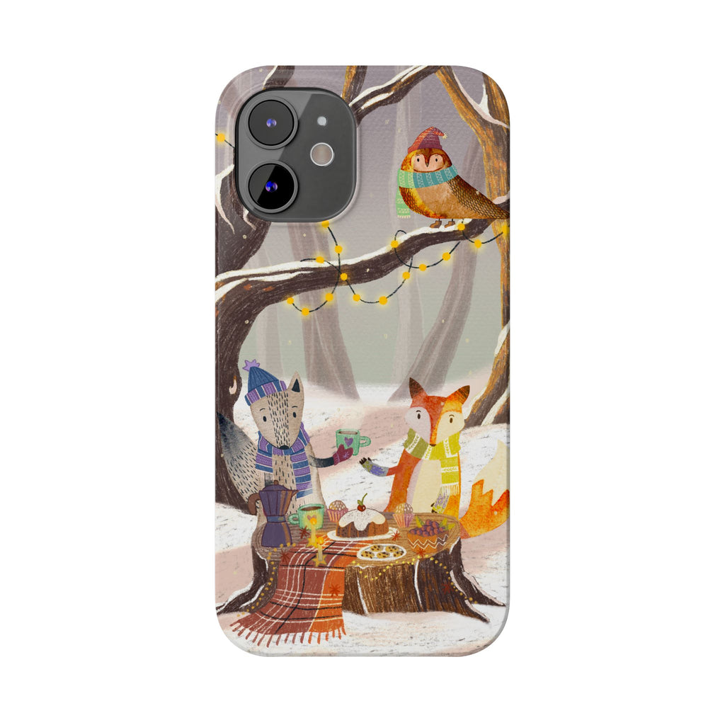 Cozy Winter Animals Slim iPhone Case, Cute Fox & Owl Design, Winter Theme Holiday Gift, Cute Phone Cover Gift, iPhone 16 15 14 13 12 11 X XR