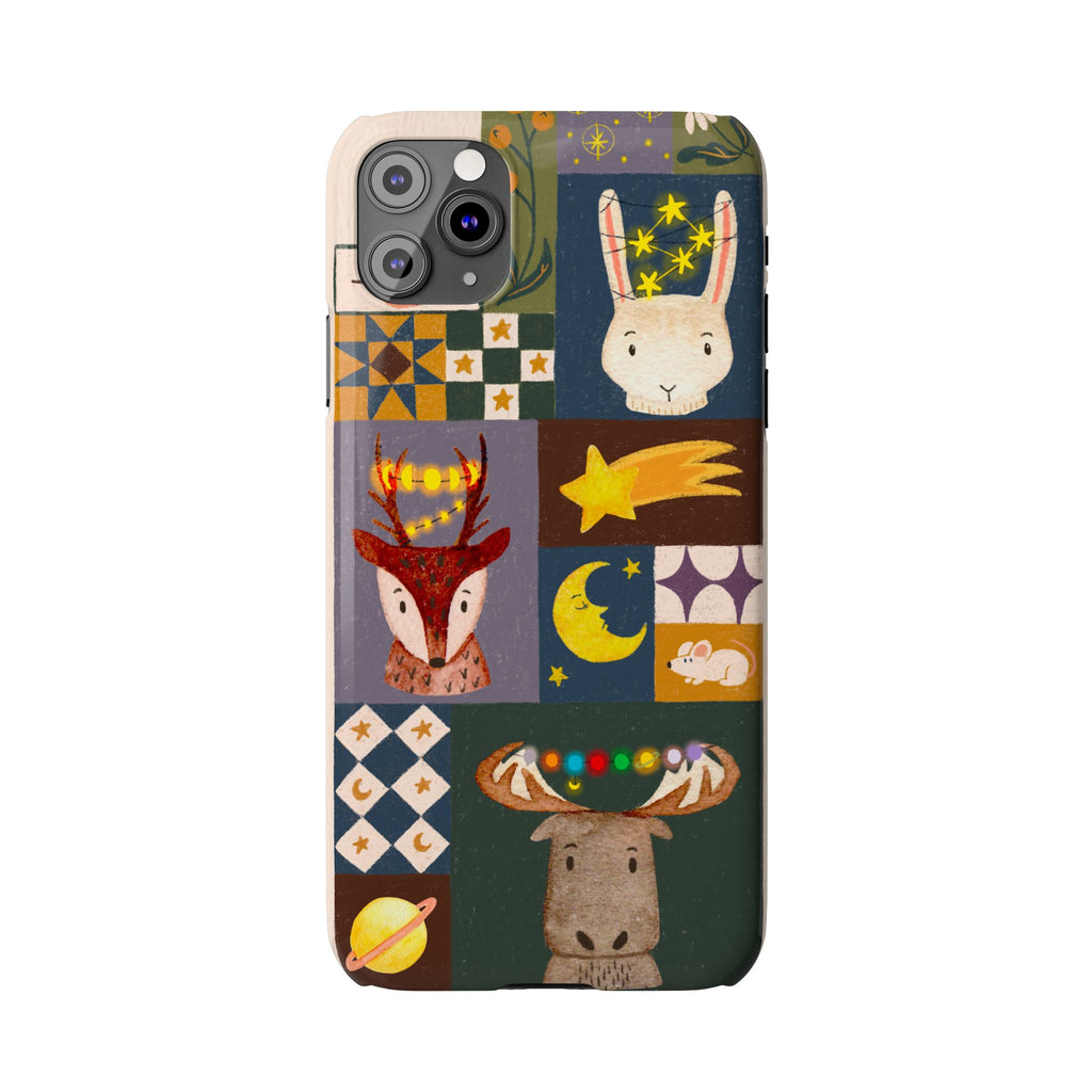 Holiday Night Sky Slim Case, Cute Forest Creatures iPhone Cover, Bunny Deer Moose, iPhone 7 8 X XR XS 11 12 13 14 15 16