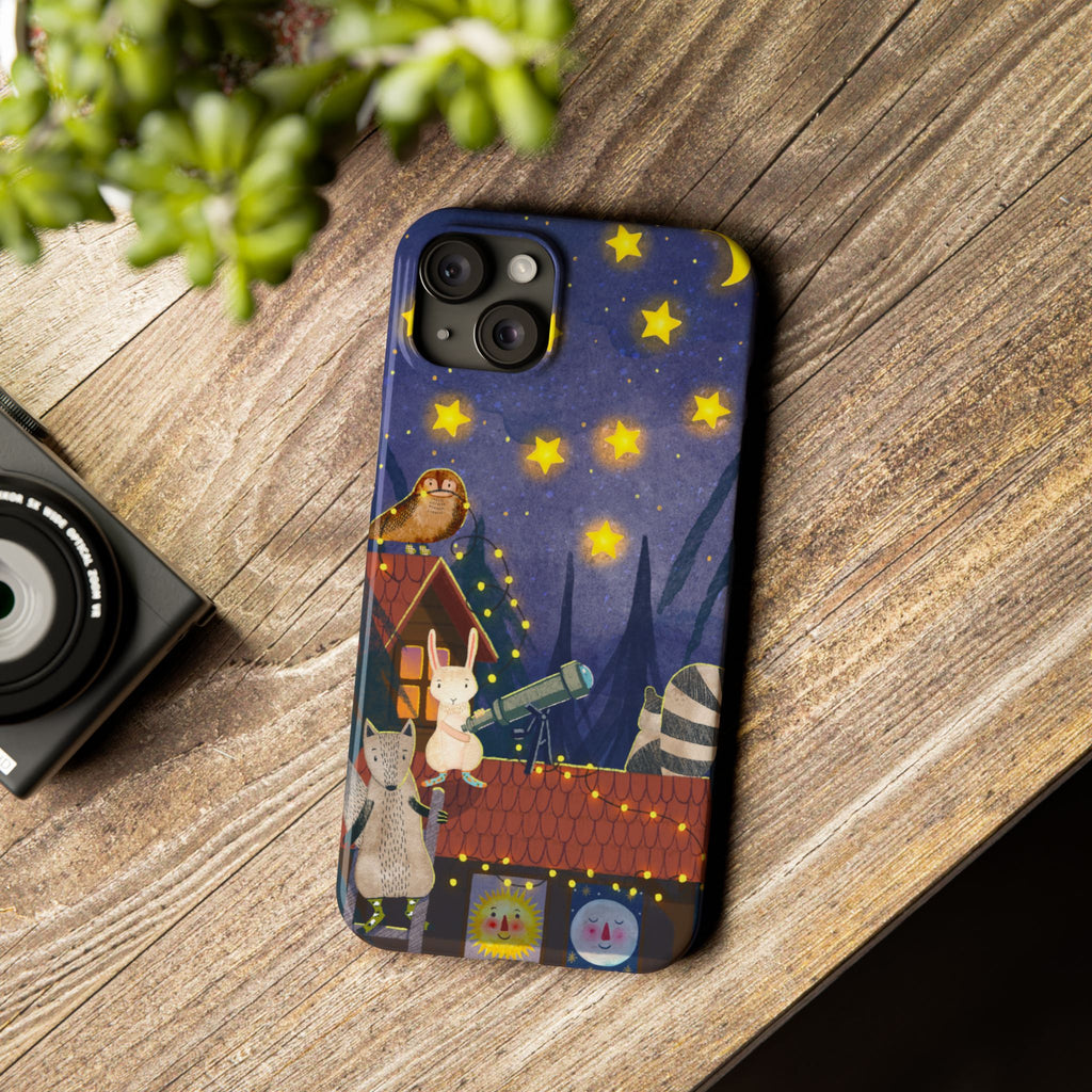 Stargazing Animals Slim iPhone Case, Night Sky Observatory Cover, Cute Forest Gift, Starry Night Gift, iPhone 16 15 14 13 12 11 X XR XS 8 7