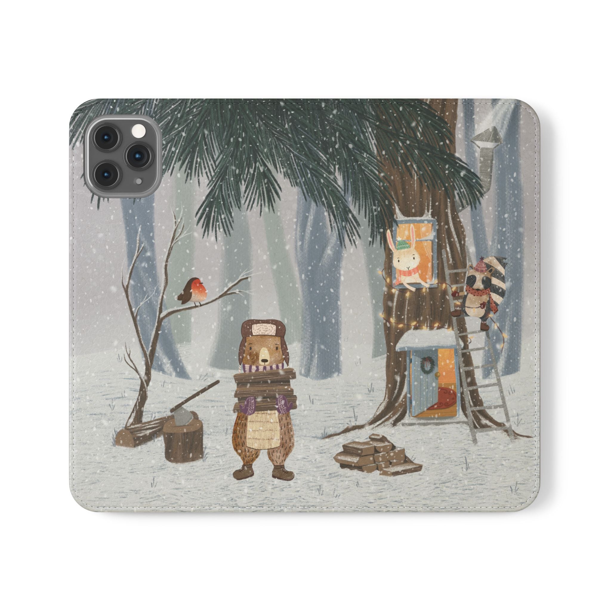 Winter Forest Friends Wallet Case, Woodland Flip Cover, Vegan Leather, Snowy Scene, Cozy Holiday, iPhone 11 12 13 14 15 16, Galaxy S21 S22