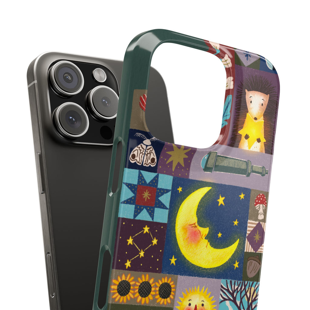 Celestial Quilt iPhone Case, Folk Art Moon Sun Fox Case, Nature Patchwork Cover, Cute Stellar Design, iPhone 7 8 X XR XS 11 12 13 14 15 16