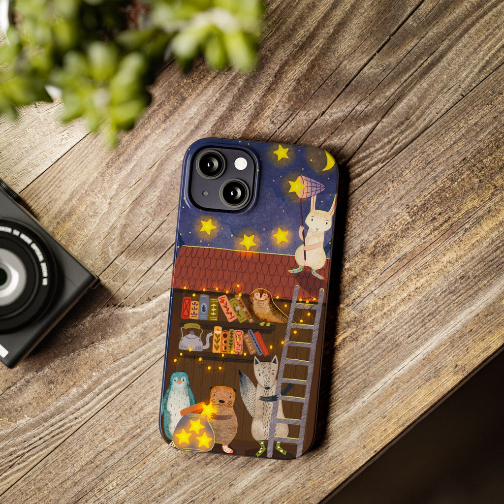 Starlit Library Phone Case, Woodland Animals iPhone Case, Cozy Night Scene Cover, Cute Animals Case Gift, iPhone 7 8 X XR 11 12 13 14 15 16