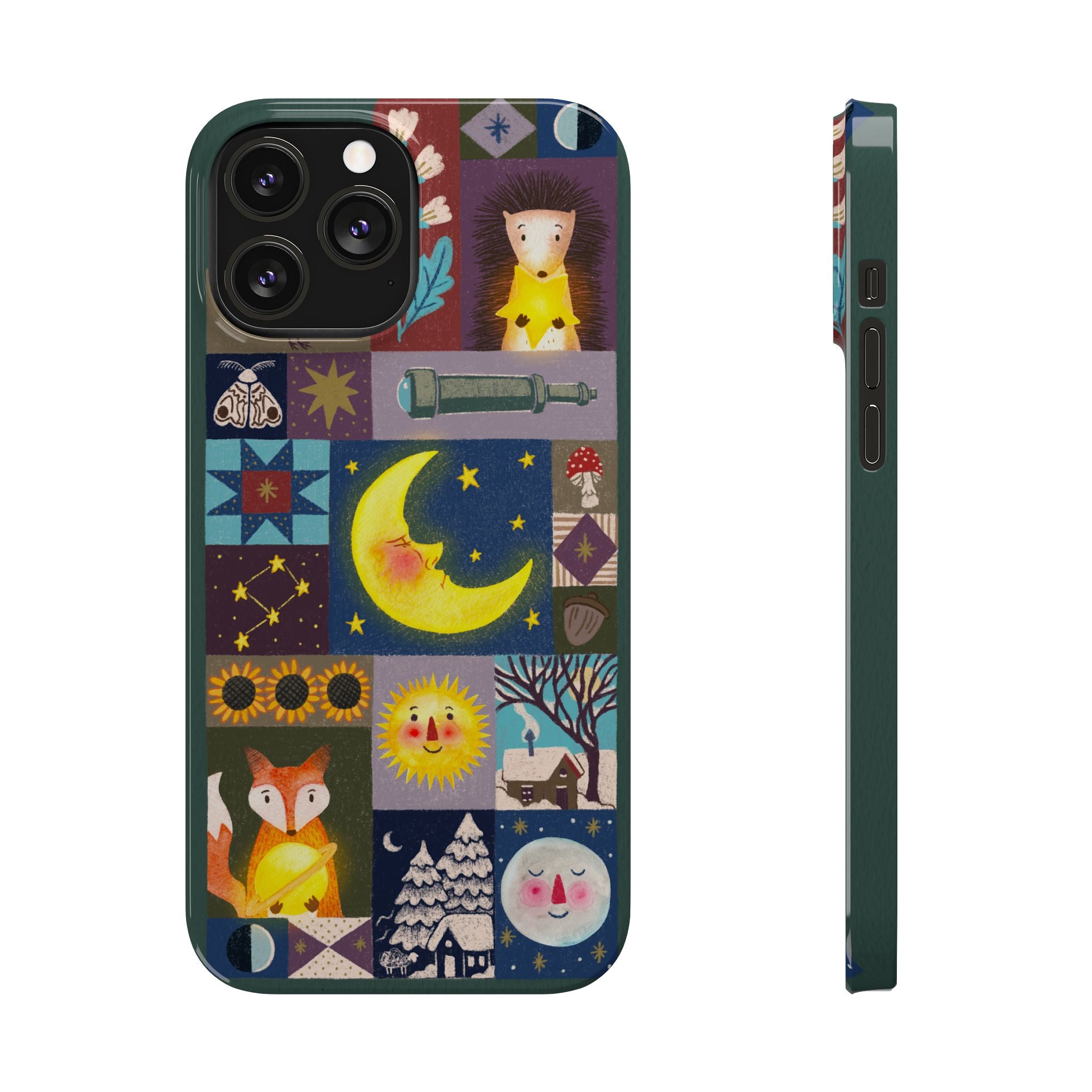Celestial Quilt iPhone Case, Folk Art Moon Sun Fox Case, Nature Patchwork Cover, Cute Stellar Design, iPhone 7 8 X XR XS 11 12 13 14 15 16
