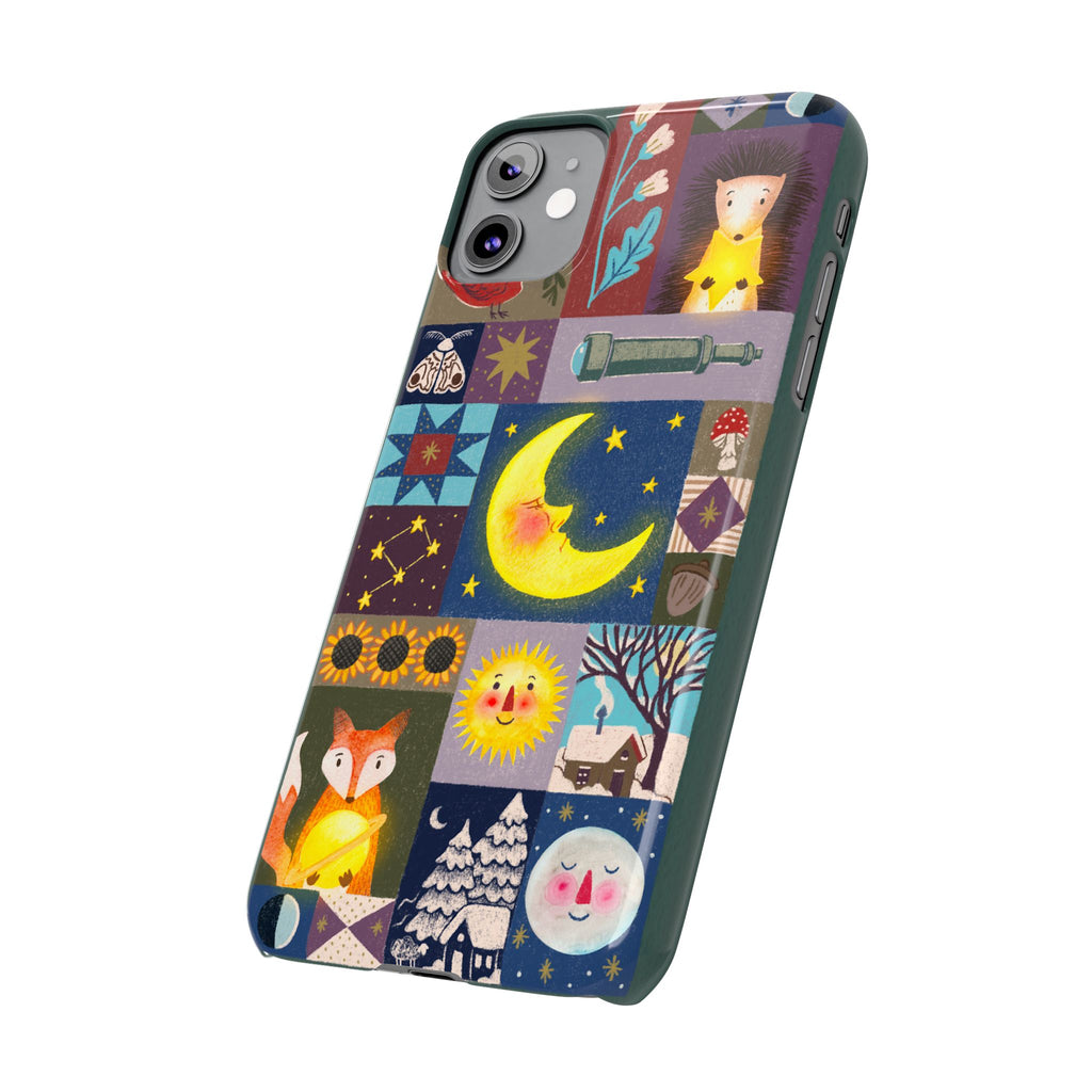 Celestial Quilt iPhone Case, Folk Art Moon Sun Fox Case, Nature Patchwork Cover, Cute Stellar Design, iPhone 7 8 X XR XS 11 12 13 14 15 16