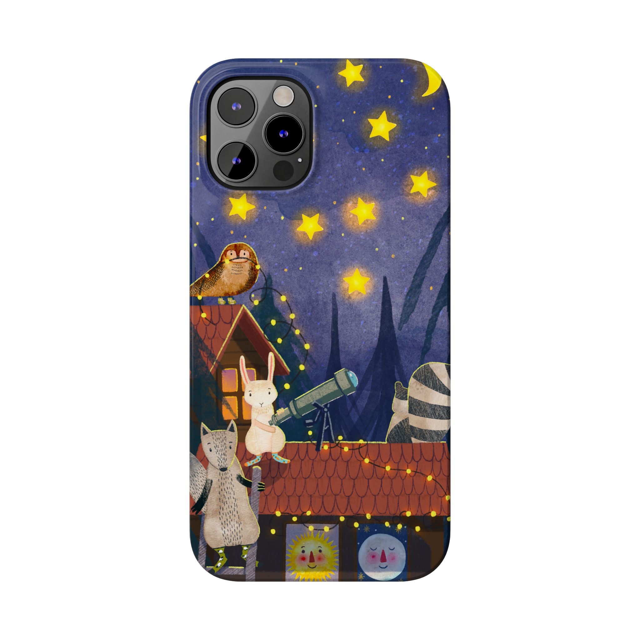 Stargazing Animals Slim iPhone Case, Night Sky Observatory Cover, Cute Forest Gift, Starry Night Gift, iPhone 16 15 14 13 12 11 X XR XS 8 7