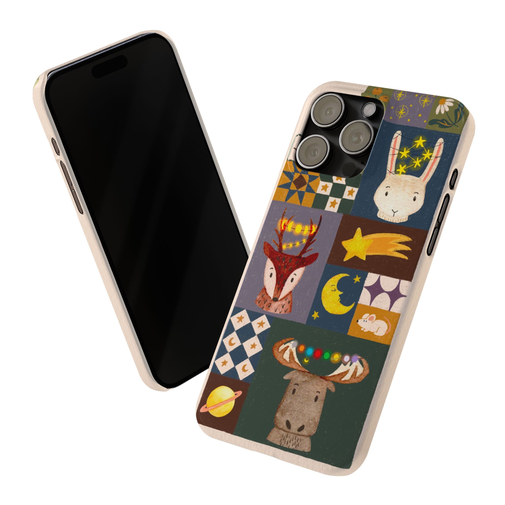Holiday Night Sky Slim Case, Cute Forest Creatures iPhone Cover, Bunny Deer Moose, iPhone 7 8 X XR XS 11 12 13 14 15 16