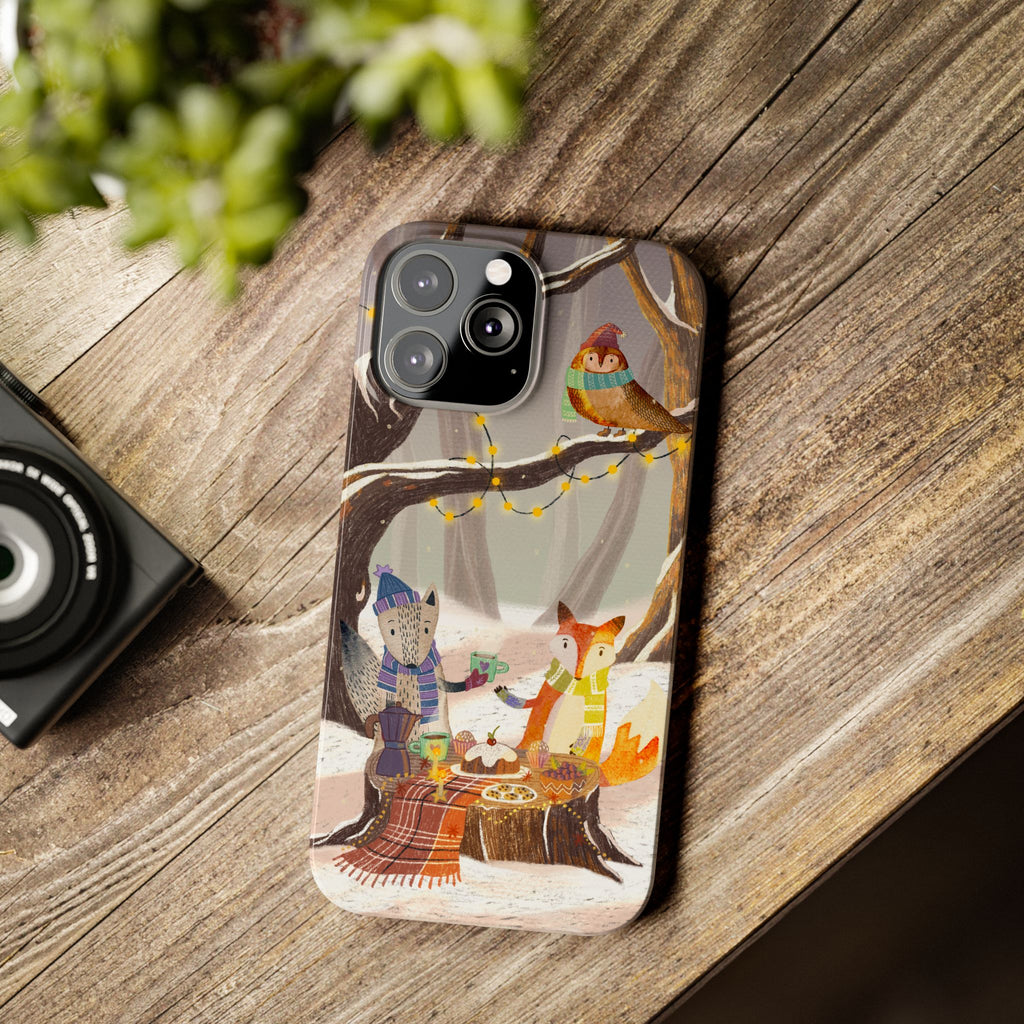 Cozy Winter Animals Slim iPhone Case, Cute Fox & Owl Design, Winter Theme Holiday Gift, Cute Phone Cover Gift, iPhone 16 15 14 13 12 11 X XR