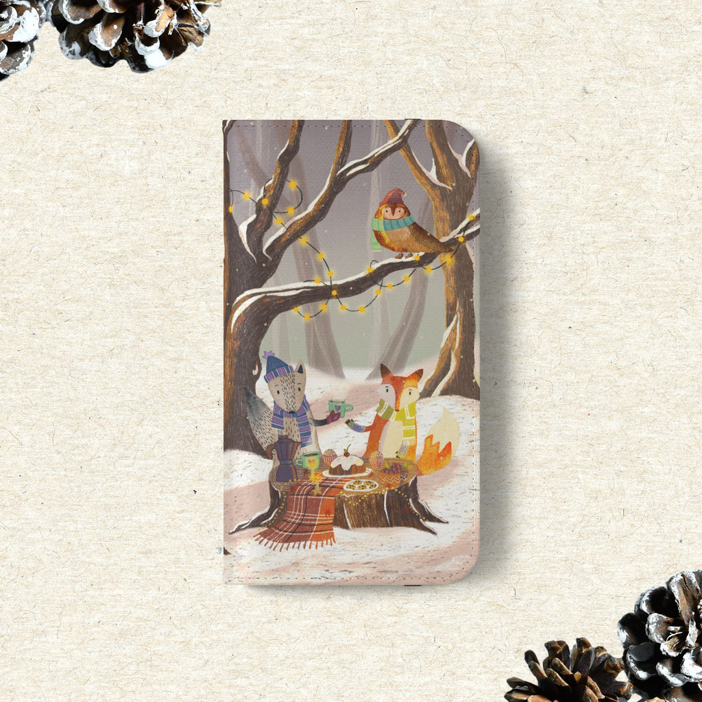 Winter Forest Tea Party Wallet Case, Woodland Animals Phone Flip Cover, Vegan Leather Case, iPhone 11 12 13 14 15 16, Galaxy Ultra S21 S22