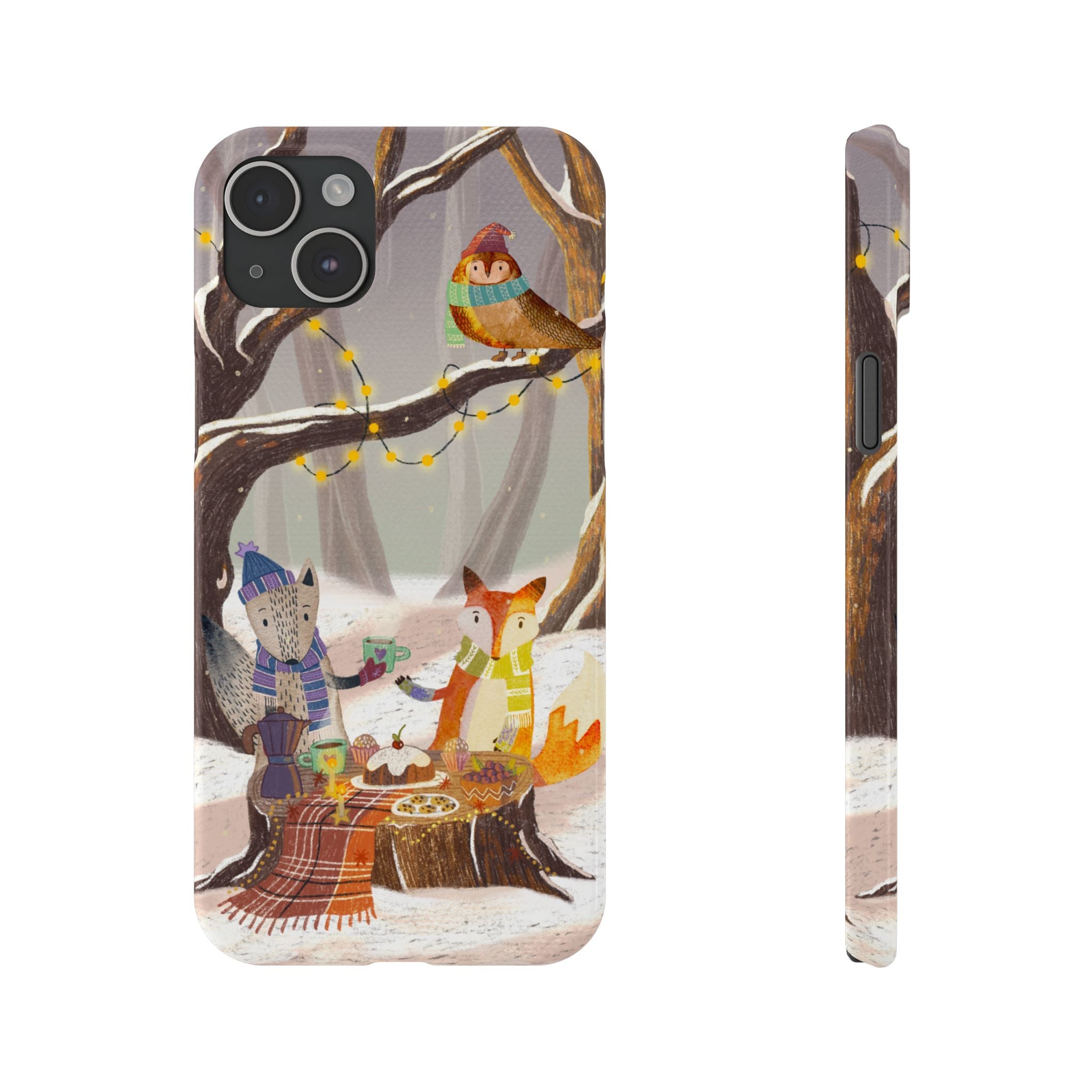 Cozy Winter Animals Slim iPhone Case, Cute Fox & Owl Design, Winter Theme Holiday Gift, Cute Phone Cover Gift, iPhone 16 15 14 13 12 11 X XR