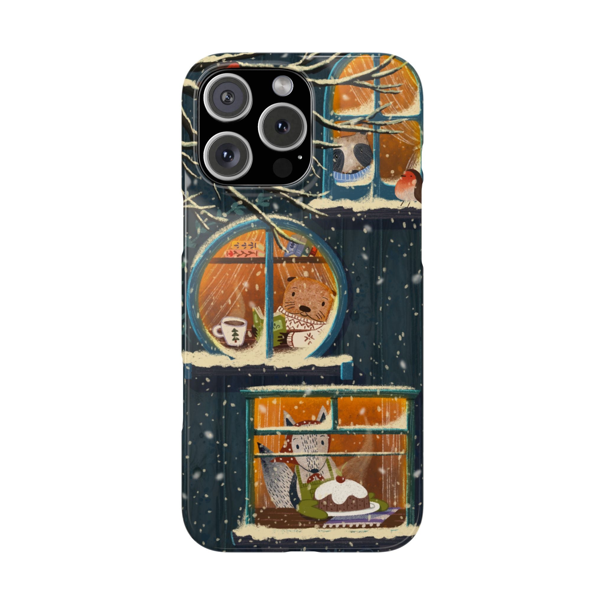 Cute Winter Animals Cozy Home iPhone Case, Woodland Cottage Cover, Treehouse at Night, Raccoon Bear Fox, iPhone 16 15 14 13 12 11 X XR 8 7