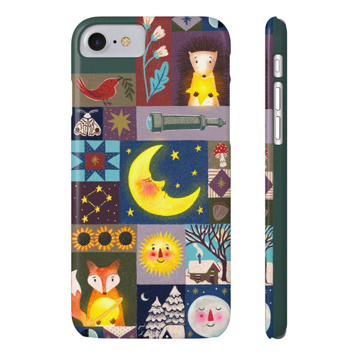 Celestial Quilt iPhone Case, Folk Art Moon Sun Fox Case, Nature Patchwork Cover, Cute Stellar Design, iPhone 7 8 X XR XS 11 12 13 14 15 16