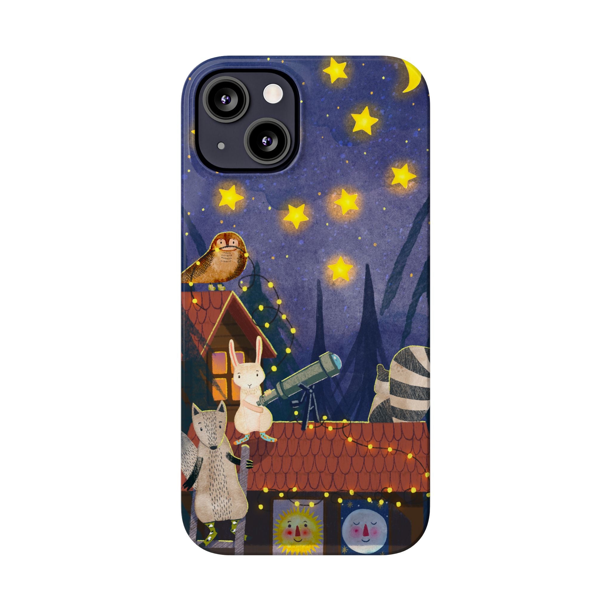 Stargazing Animals Slim iPhone Case, Night Sky Observatory Cover, Cute Forest Gift, Starry Night Gift, iPhone 16 15 14 13 12 11 X XR XS 8 7