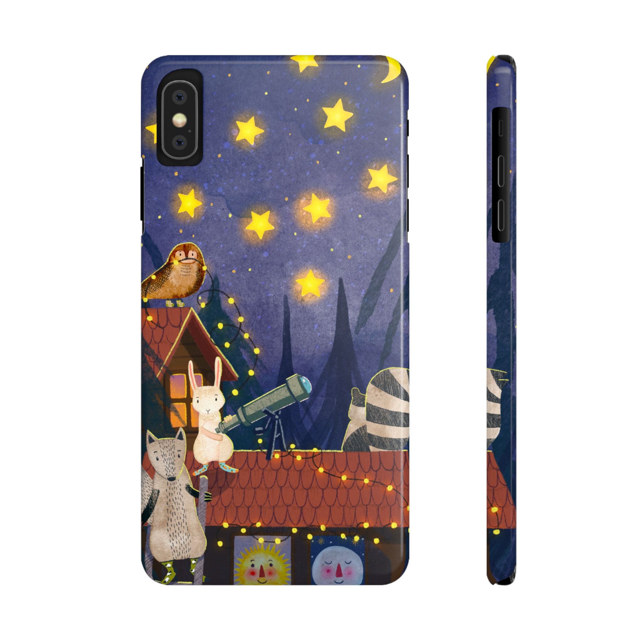 Stargazing Animals Slim iPhone Case, Night Sky Observatory Cover, Cute Forest Gift, Starry Night Gift, iPhone 16 15 14 13 12 11 X XR XS 8 7