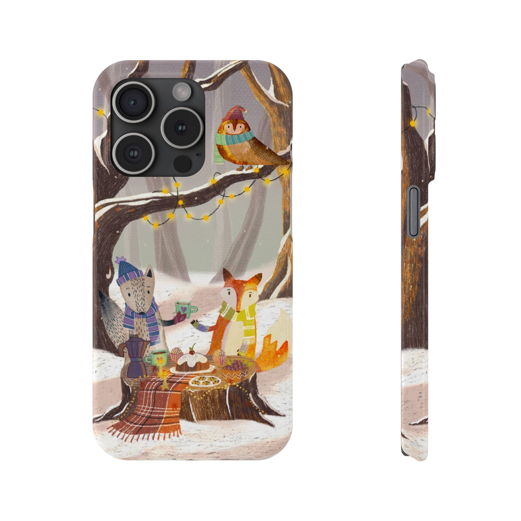 Cozy Winter Animals Slim iPhone Case, Cute Fox & Owl Design, Winter Theme Holiday Gift, Cute Phone Cover Gift, iPhone 16 15 14 13 12 11 X XR