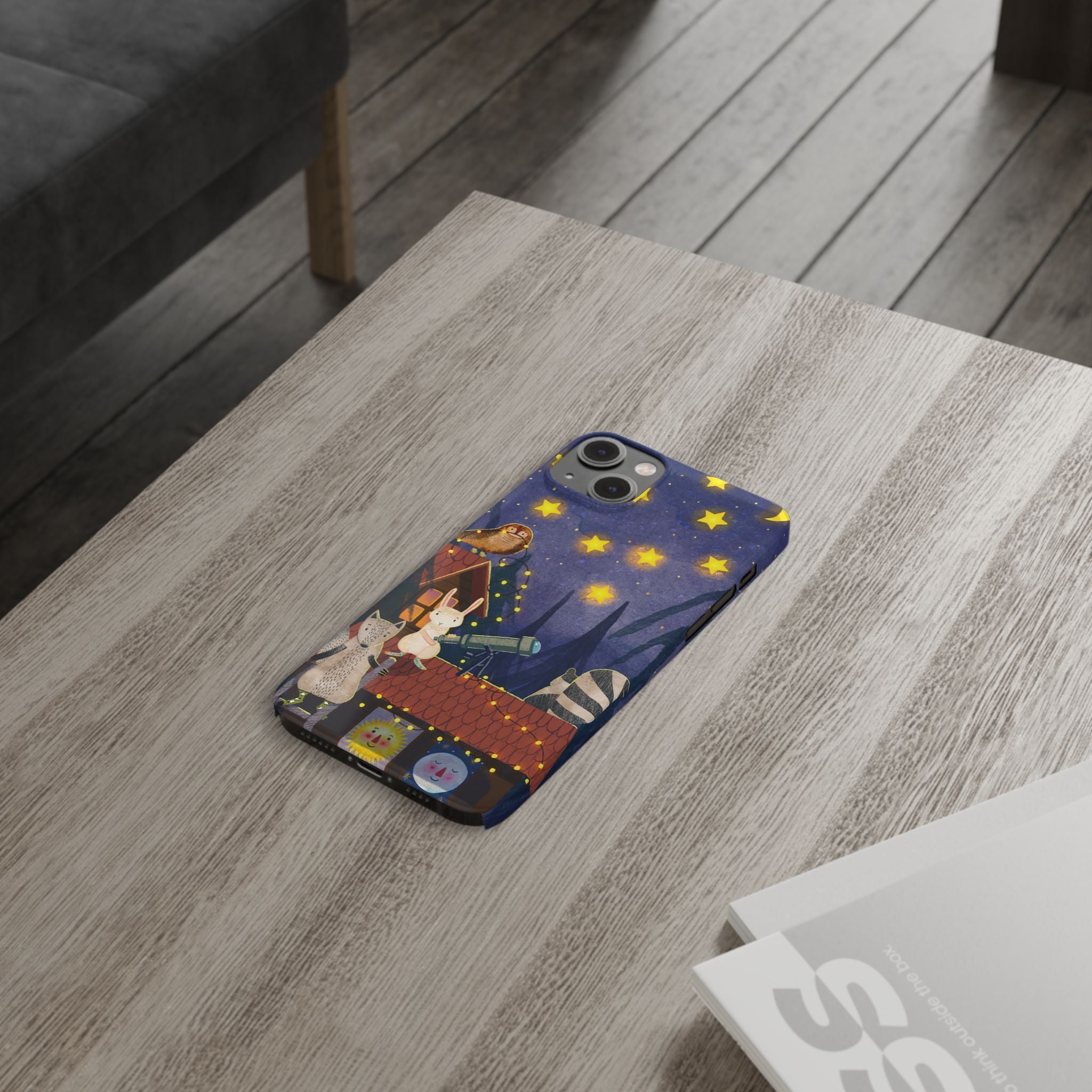 Stargazing Animals Slim iPhone Case, Night Sky Observatory Cover, Cute Forest Gift, Starry Night Gift, iPhone 16 15 14 13 12 11 X XR XS 8 7