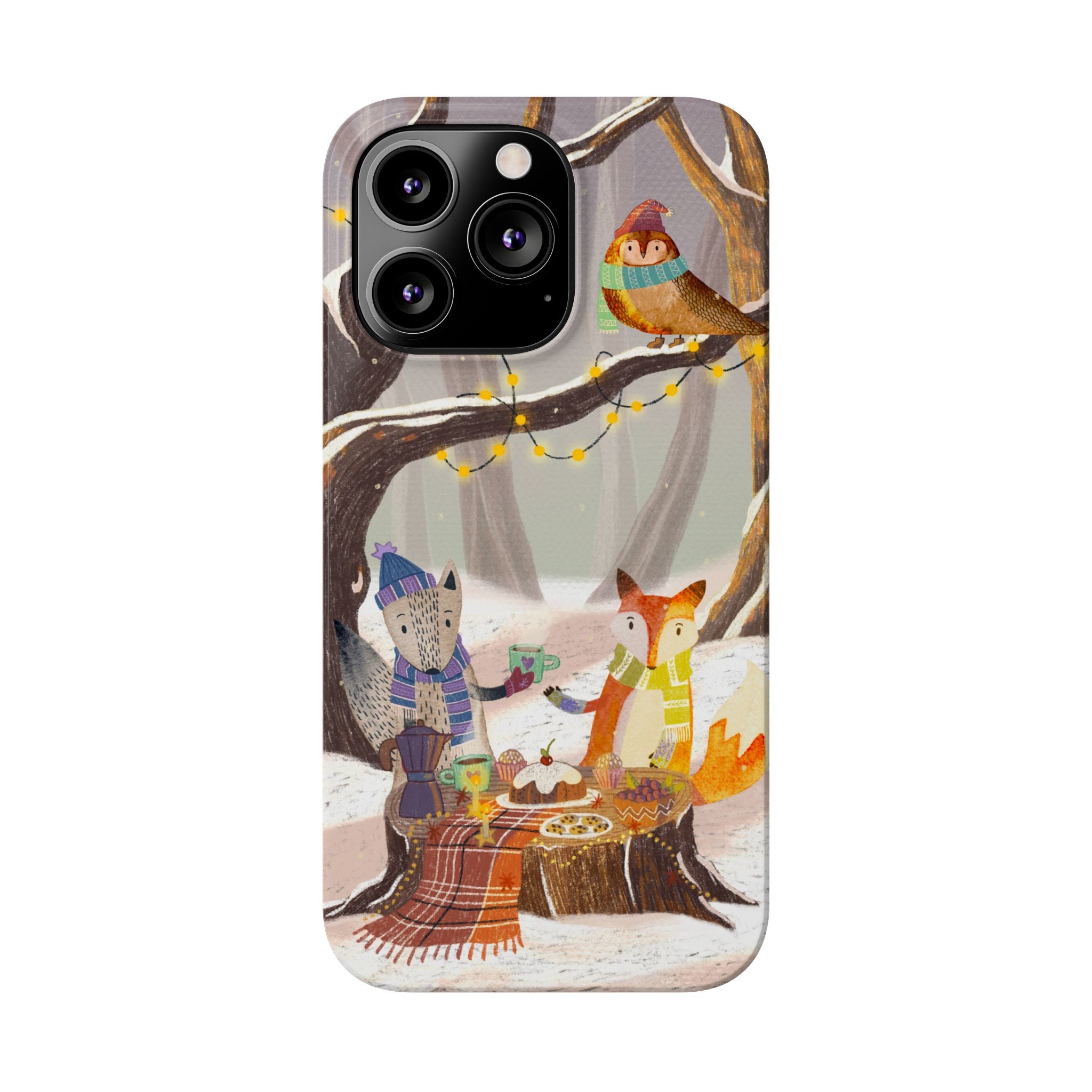 Cozy Winter Animals Slim iPhone Case, Cute Fox & Owl Design, Winter Theme Holiday Gift, Cute Phone Cover Gift, iPhone 16 15 14 13 12 11 X XR