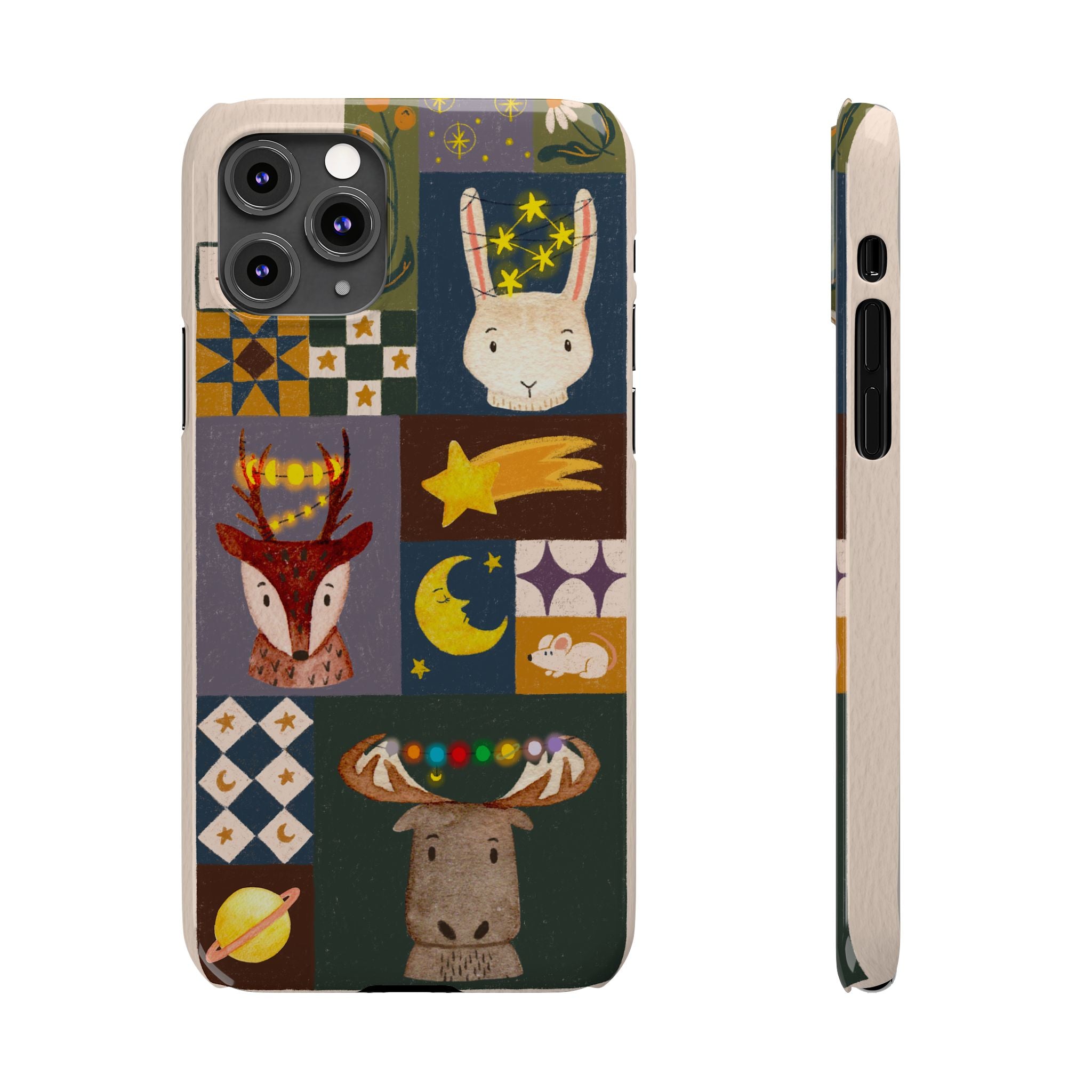 Holiday Night Sky Slim Case, Cute Forest Creatures iPhone Cover, Bunny Deer Moose, iPhone 7 8 X XR XS 11 12 13 14 15 16