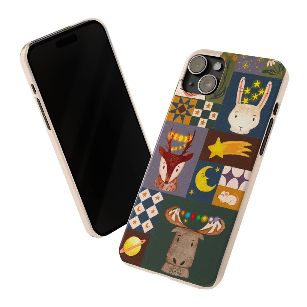 Holiday Night Sky Slim Case, Cute Forest Creatures iPhone Cover, Bunny Deer Moose, iPhone 7 8 X XR XS 11 12 13 14 15 16