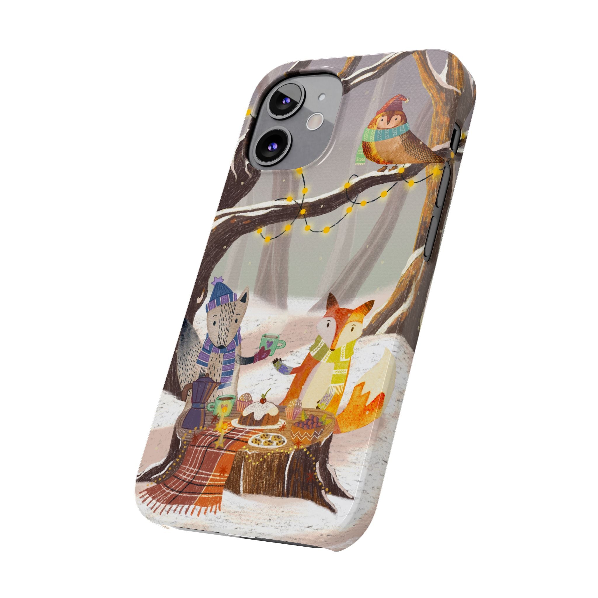 Cozy Winter Animals Slim iPhone Case, Cute Fox & Owl Design, Winter Theme Holiday Gift, Cute Phone Cover Gift, iPhone 16 15 14 13 12 11 X XR
