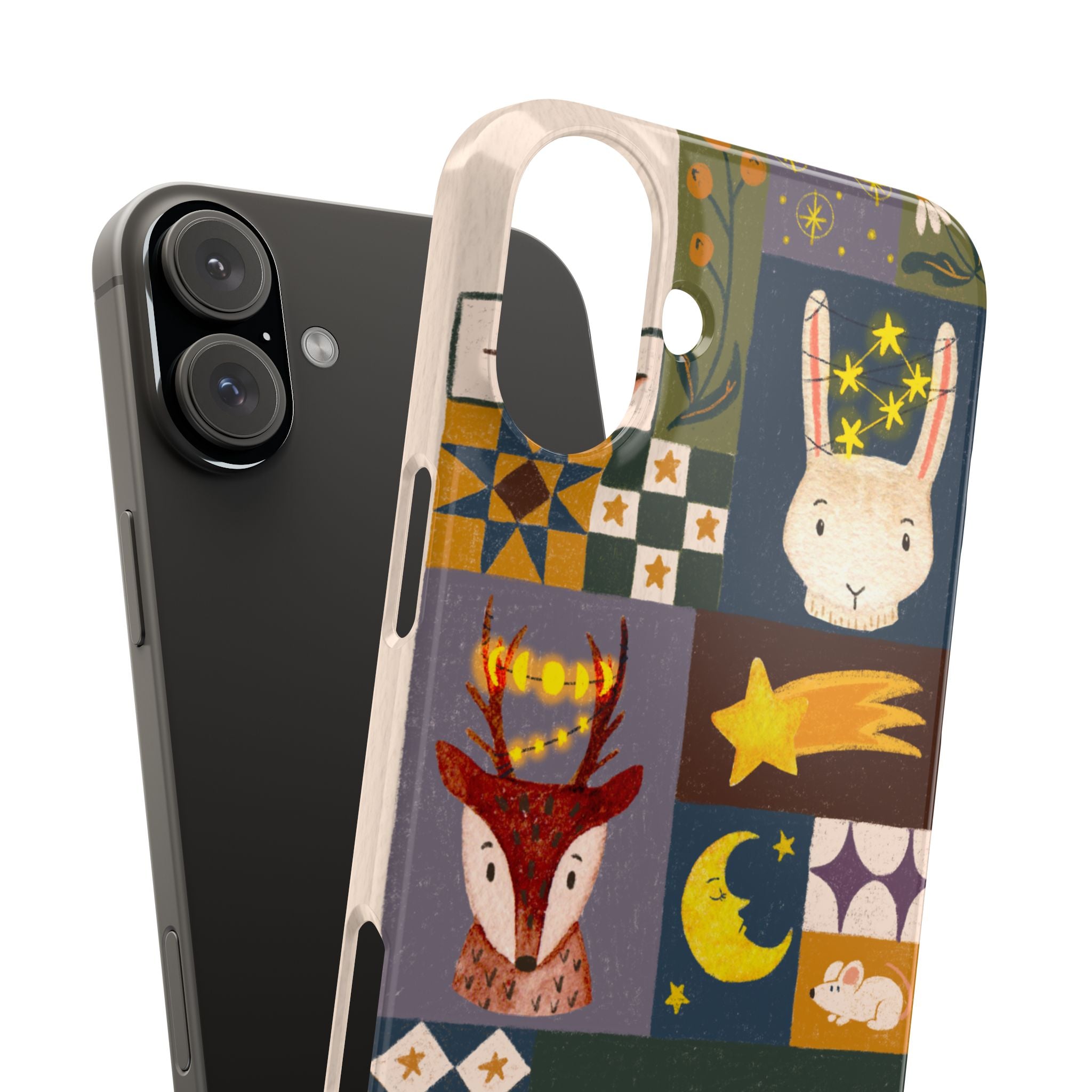 Holiday Night Sky Slim Case, Cute Forest Creatures iPhone Cover, Bunny Deer Moose, iPhone 7 8 X XR XS 11 12 13 14 15 16
