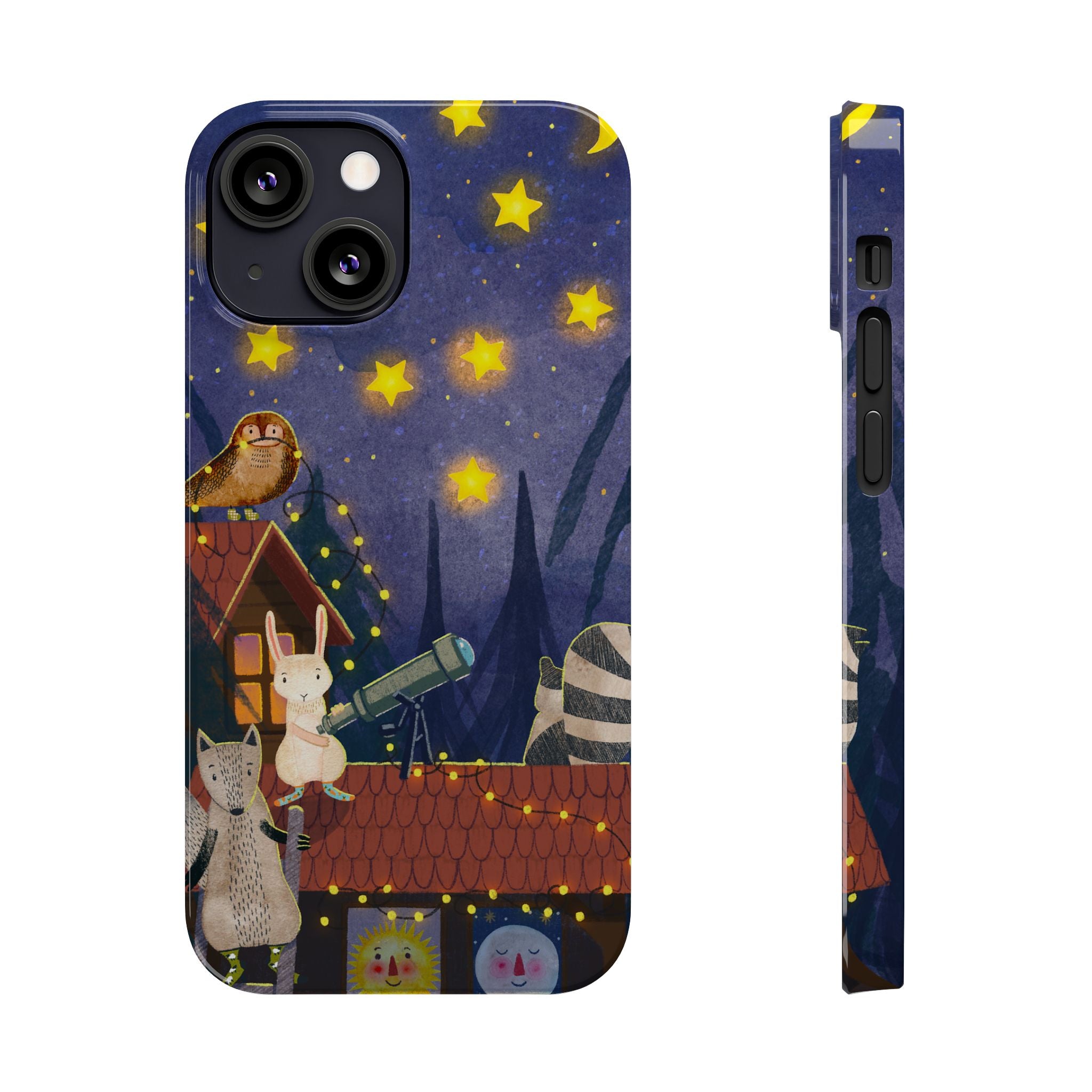Stargazing Animals Slim iPhone Case, Night Sky Observatory Cover, Cute Forest Gift, Starry Night Gift, iPhone 16 15 14 13 12 11 X XR XS 8 7