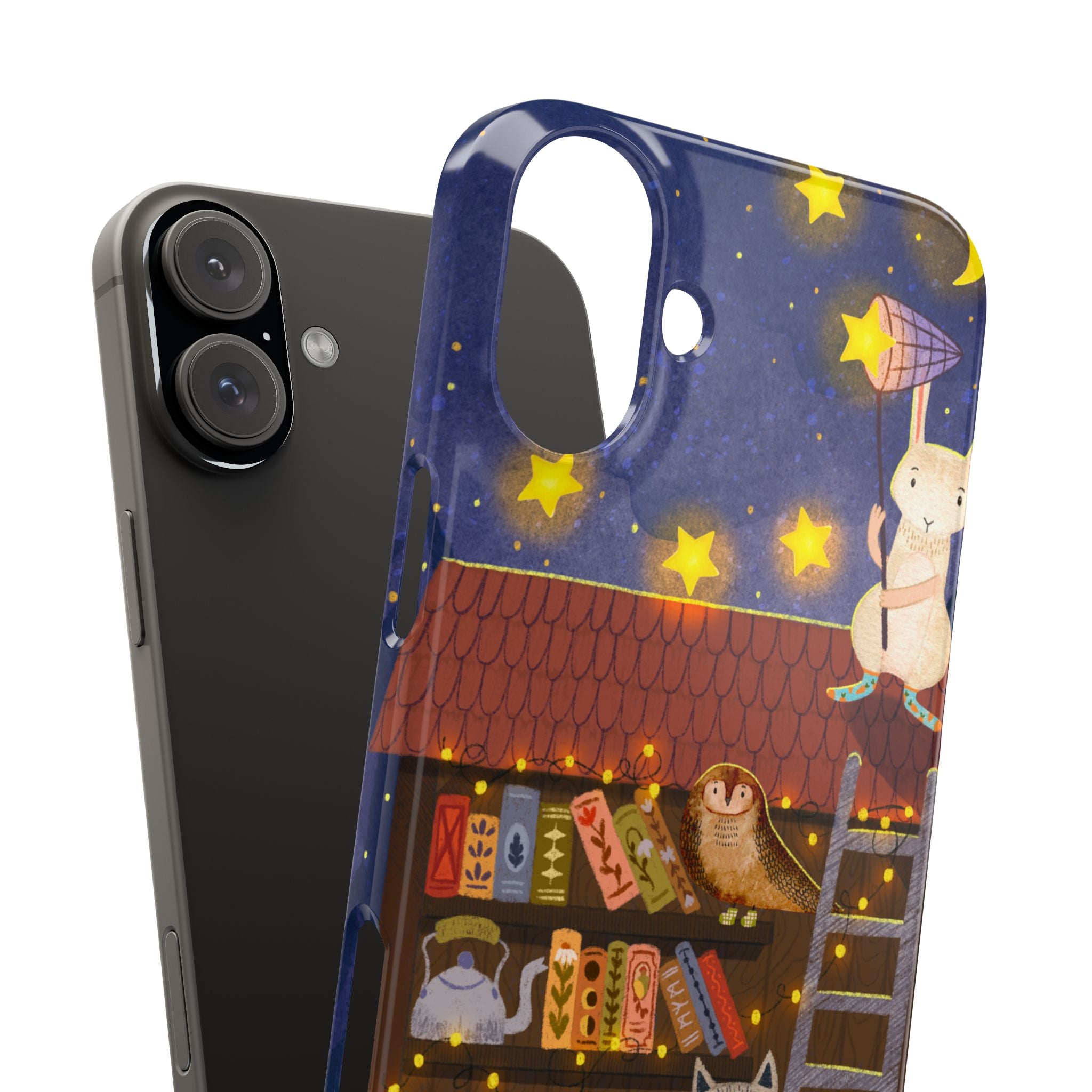 Starlit Library Phone Case, Woodland Animals iPhone Case, Cozy Night Scene Cover, Cute Animals Case Gift, iPhone 7 8 X XR 11 12 13 14 15 16