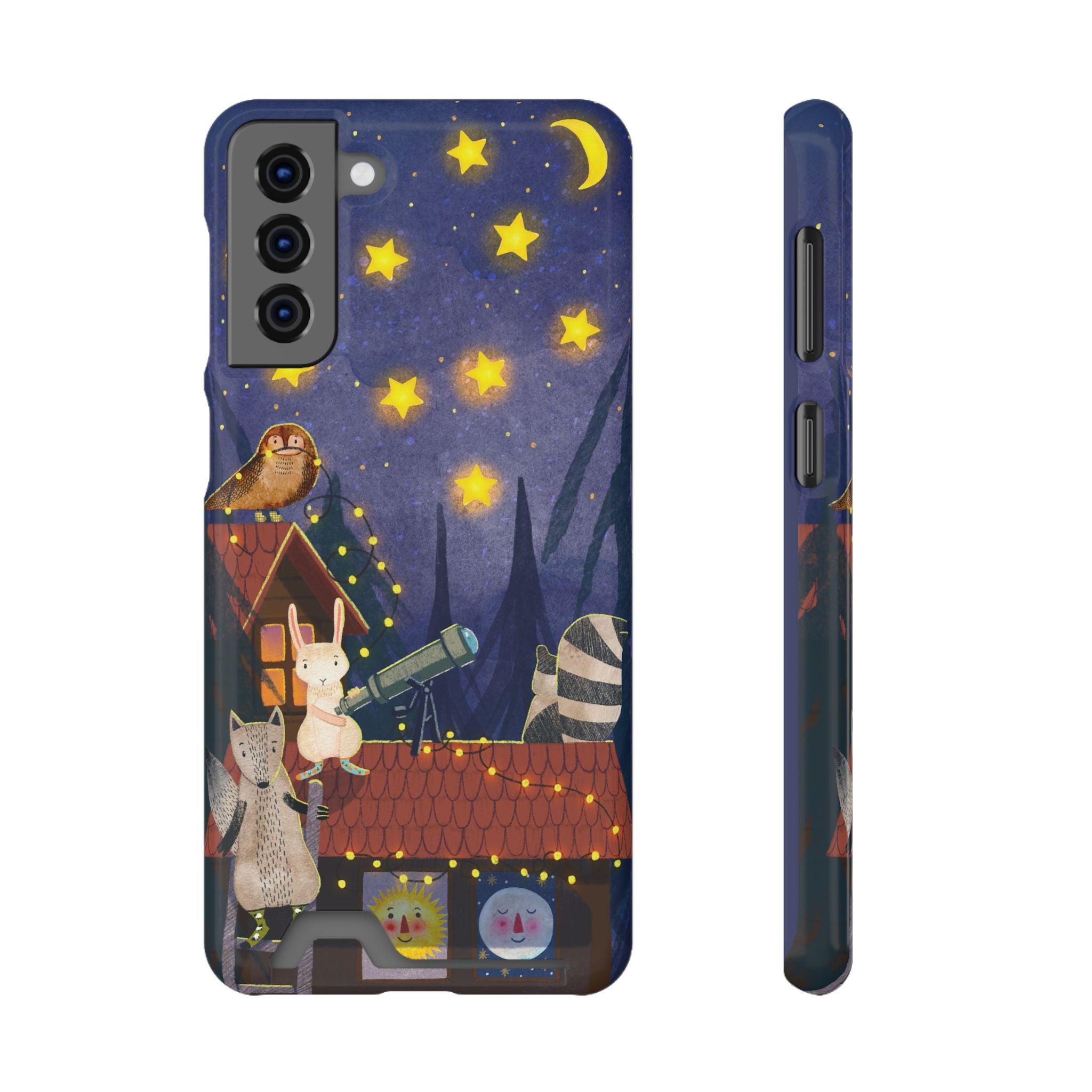 Stargazing Animals Phone Case With Card Holder - Cute Animal Design for Kids, Gift for Urban Explorers, Night Sky Vibes, Fun Accessory