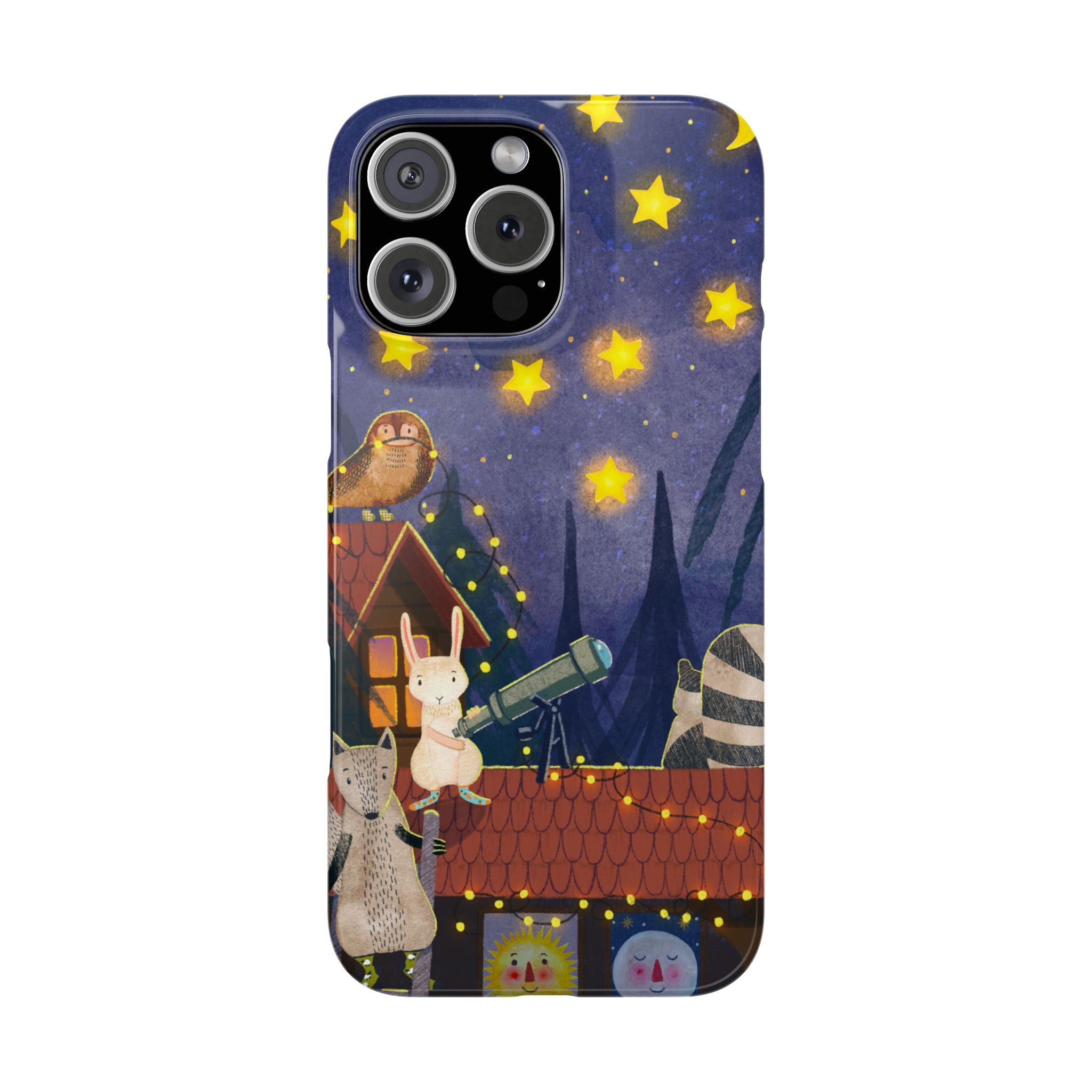 Stargazing Animals Slim iPhone Case, Night Sky Observatory Cover, Cute Forest Gift, Starry Night Gift, iPhone 16 15 14 13 12 11 X XR XS 8 7