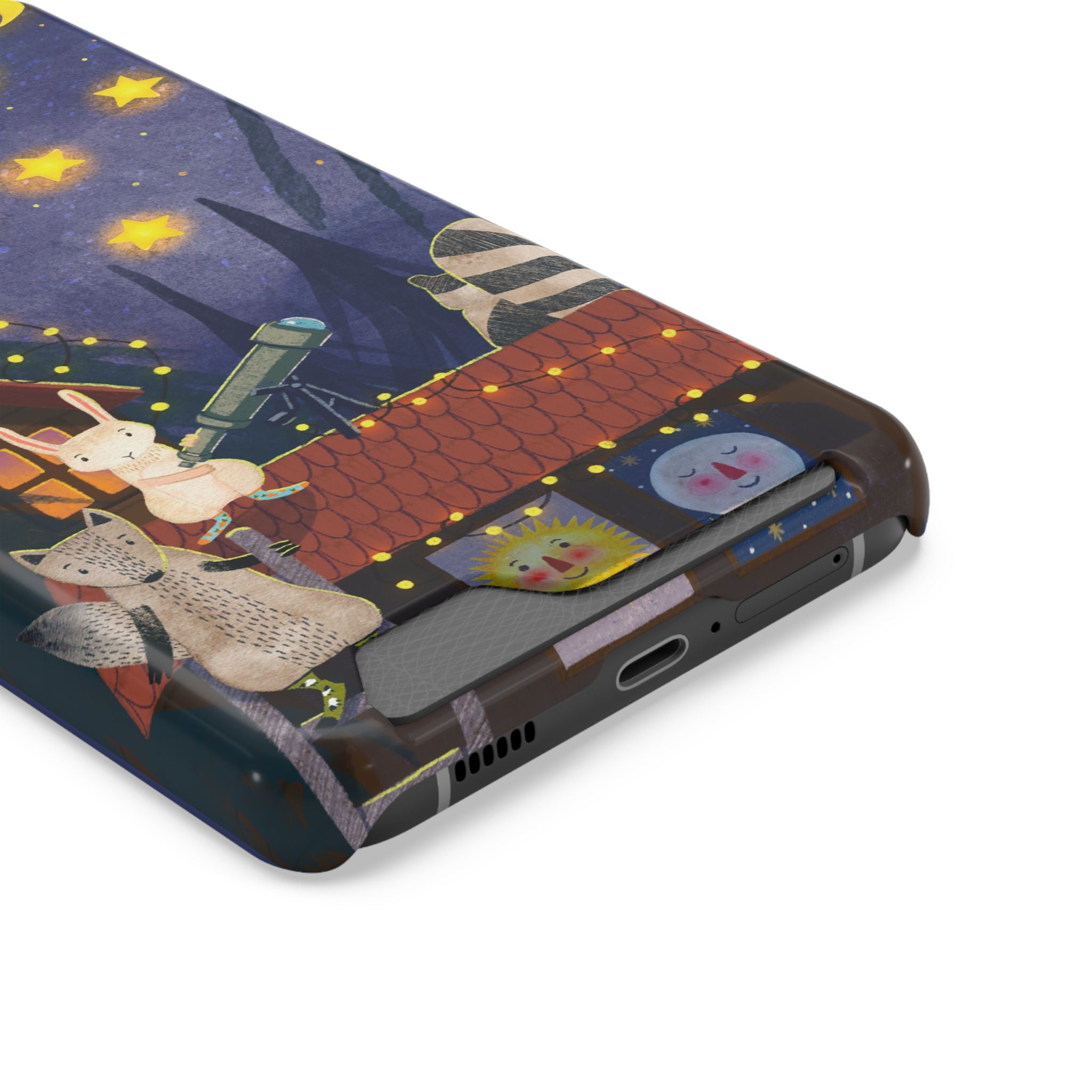 Stargazing Animals Phone Case With Card Holder - Cute Animal Design for Kids, Gift for Urban Explorers, Night Sky Vibes, Fun Accessory