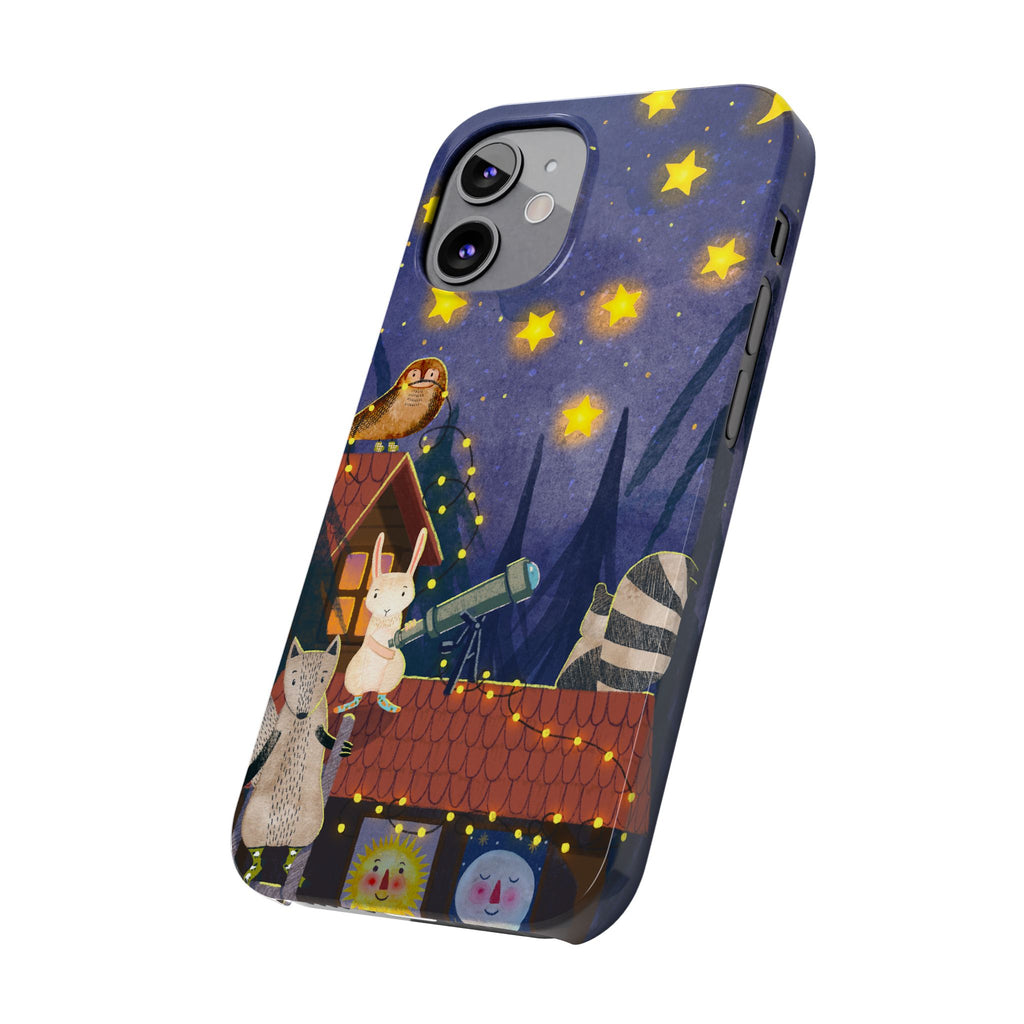 Stargazing Animals Slim iPhone Case, Night Sky Observatory Cover, Cute Forest Gift, Starry Night Gift, iPhone 16 15 14 13 12 11 X XR XS 8 7