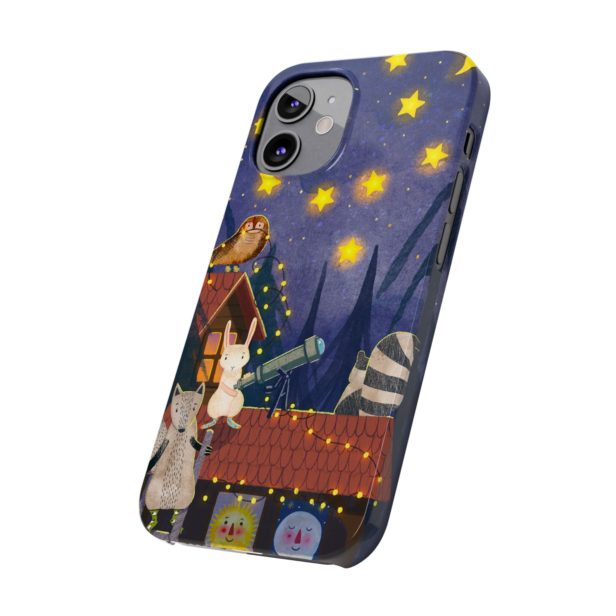 Stargazing Animals Slim iPhone Case, Night Sky Observatory Cover, Cute Forest Gift, Starry Night Gift, iPhone 16 15 14 13 12 11 X XR XS 8 7
