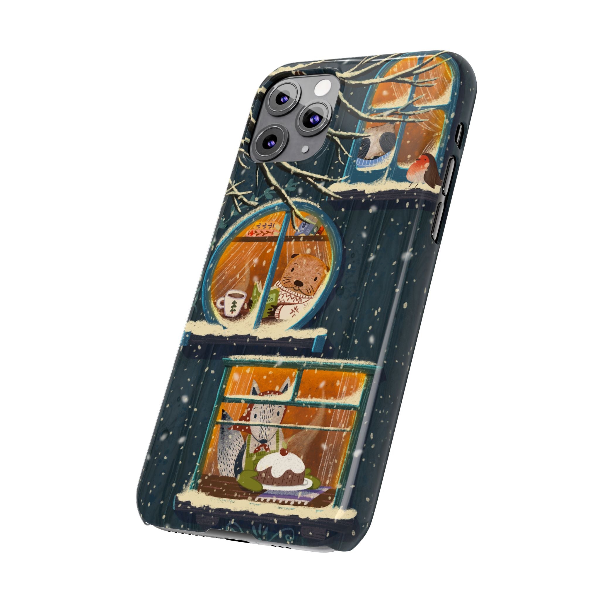 Cute Winter Animals Cozy Home iPhone Case, Woodland Cottage Cover, Treehouse at Night, Raccoon Bear Fox, iPhone 16 15 14 13 12 11 X XR 8 7