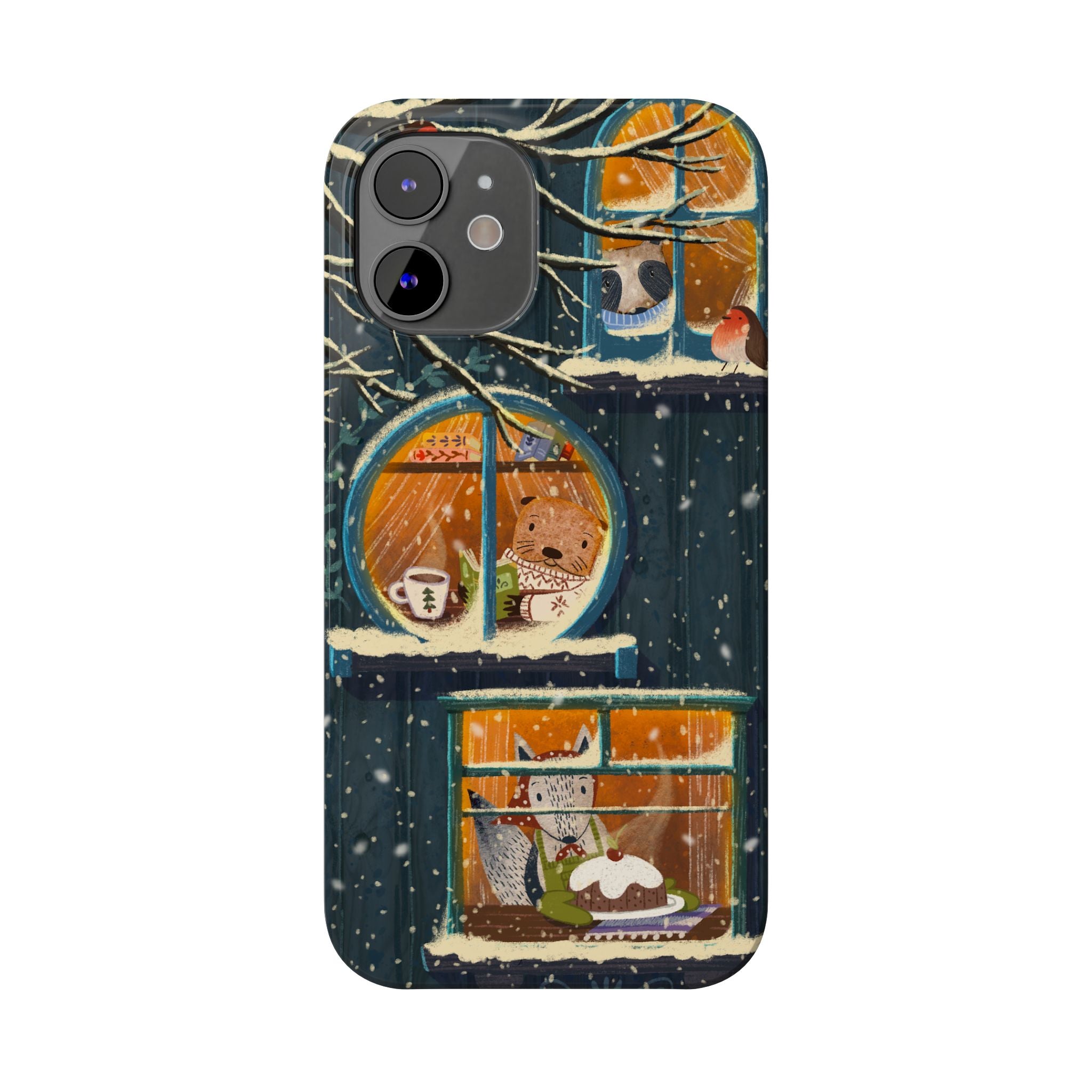 Cute Winter Animals Cozy Home iPhone Case, Woodland Cottage Cover, Treehouse at Night, Raccoon Bear Fox, iPhone 16 15 14 13 12 11 X XR 8 7
