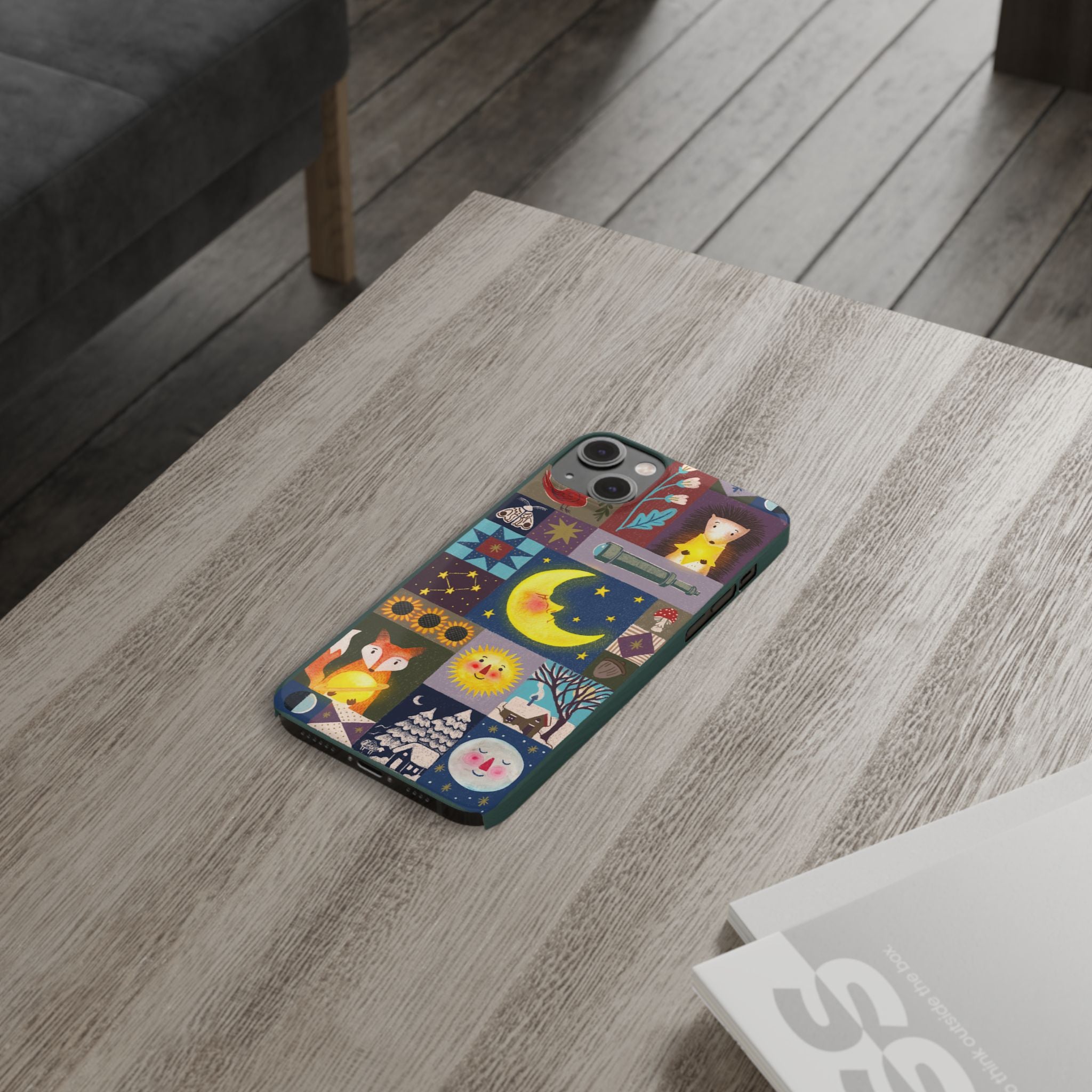 Celestial Quilt iPhone Case, Folk Art Moon Sun Fox Case, Nature Patchwork Cover, Cute Stellar Design, iPhone 7 8 X XR XS 11 12 13 14 15 16