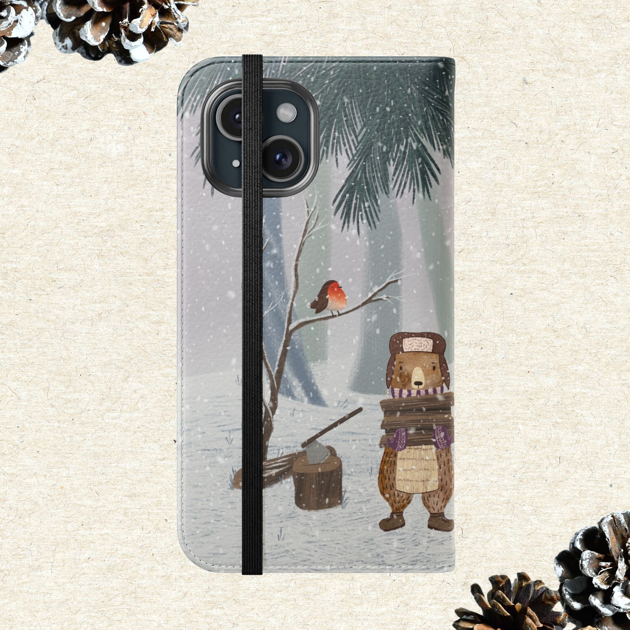 Winter Forest Friends Wallet Case, Woodland Flip Cover, Vegan Leather, Snowy Scene, Cozy Holiday, iPhone 11 12 13 14 15 16, Galaxy S21 S22